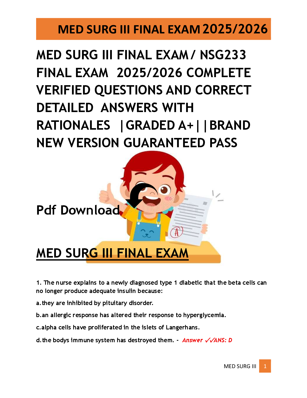 Preview of MED SURG III FINAL EXAM  / NSG233  FINAL EXAM  2025/2026 COMPLETE  VERIFIED QUESTIONS AND
