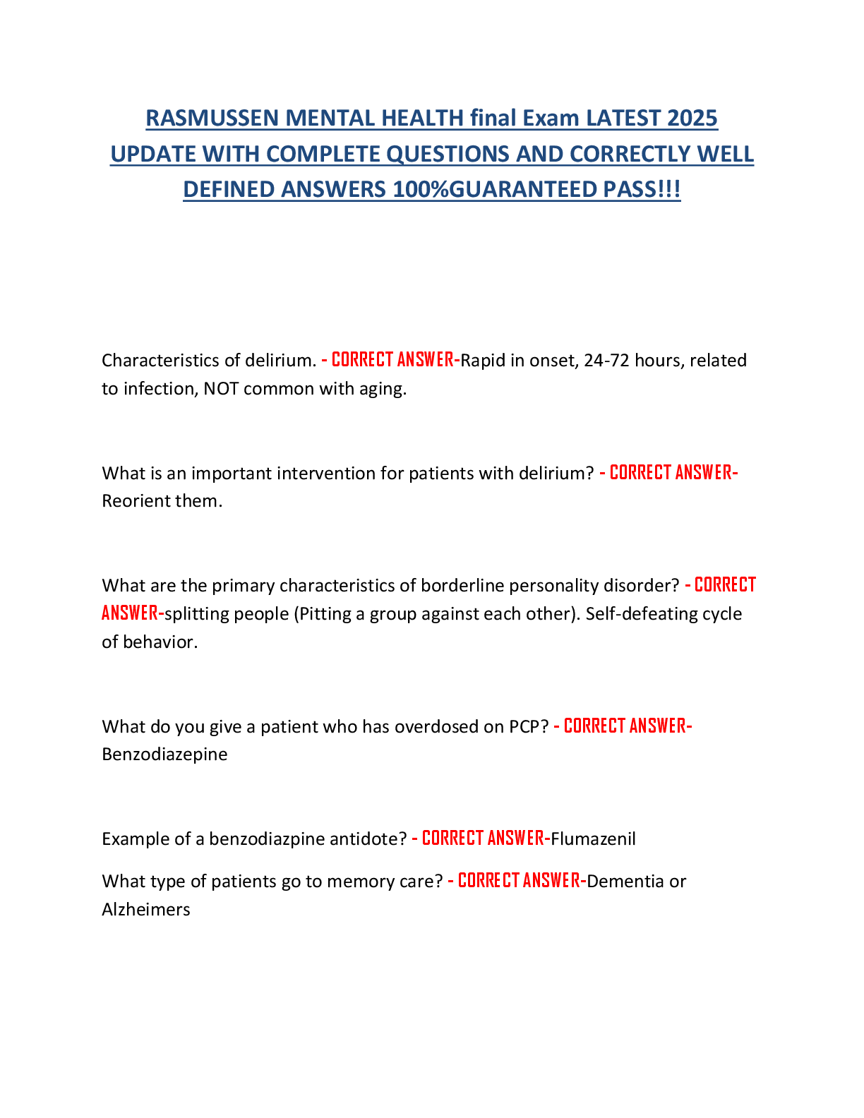 Preview of RASMUSSEN MENTAL HEALTH final Exam LATEST 2025  UPDATE WITH COMPLETE QUESTIONS AND CORRECT