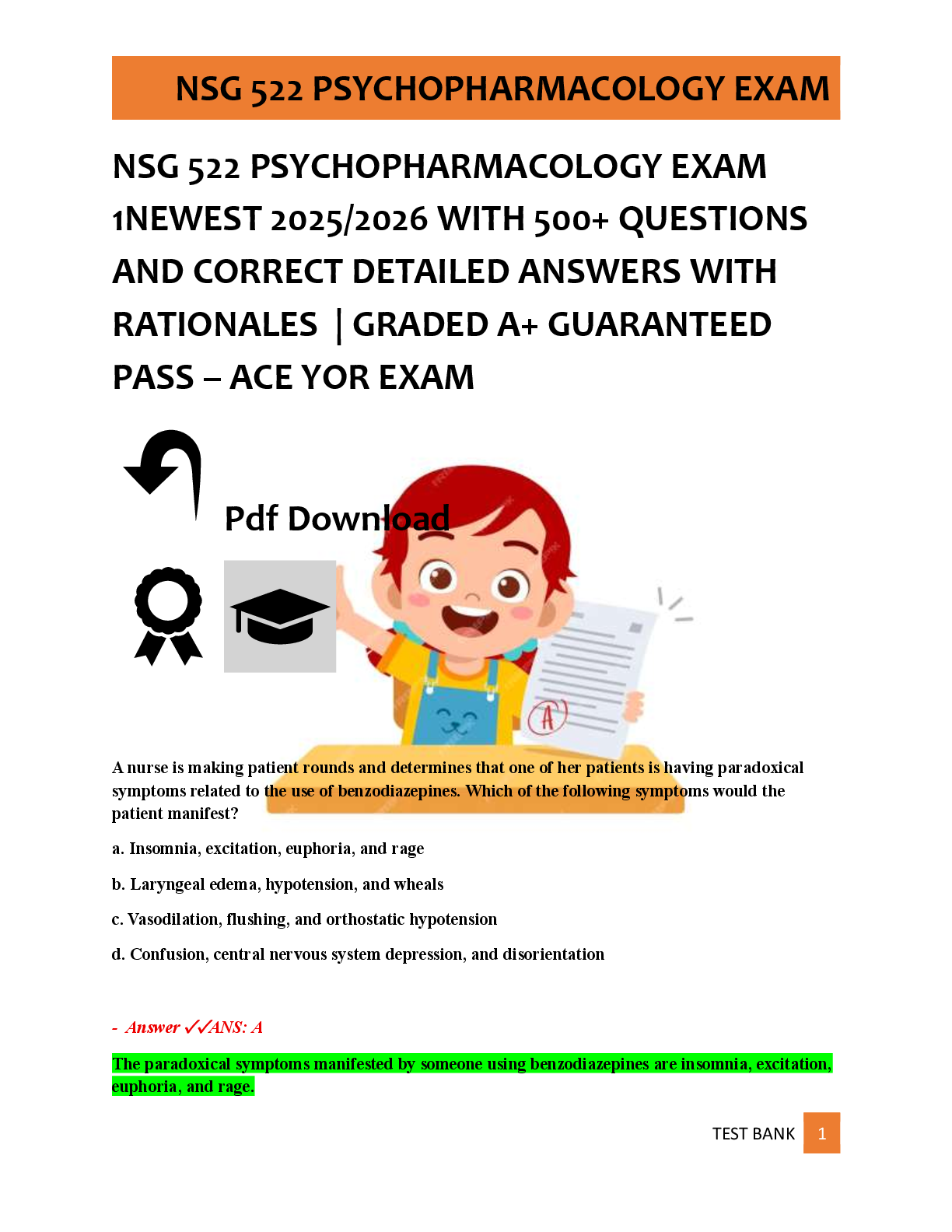 Preview of NSG 522 PSYCHOPHARMACOLOGY EXAM  1NEWEST 2025/2026 WITH 500+ QUESTIONS  AND CORRECT DETAIL