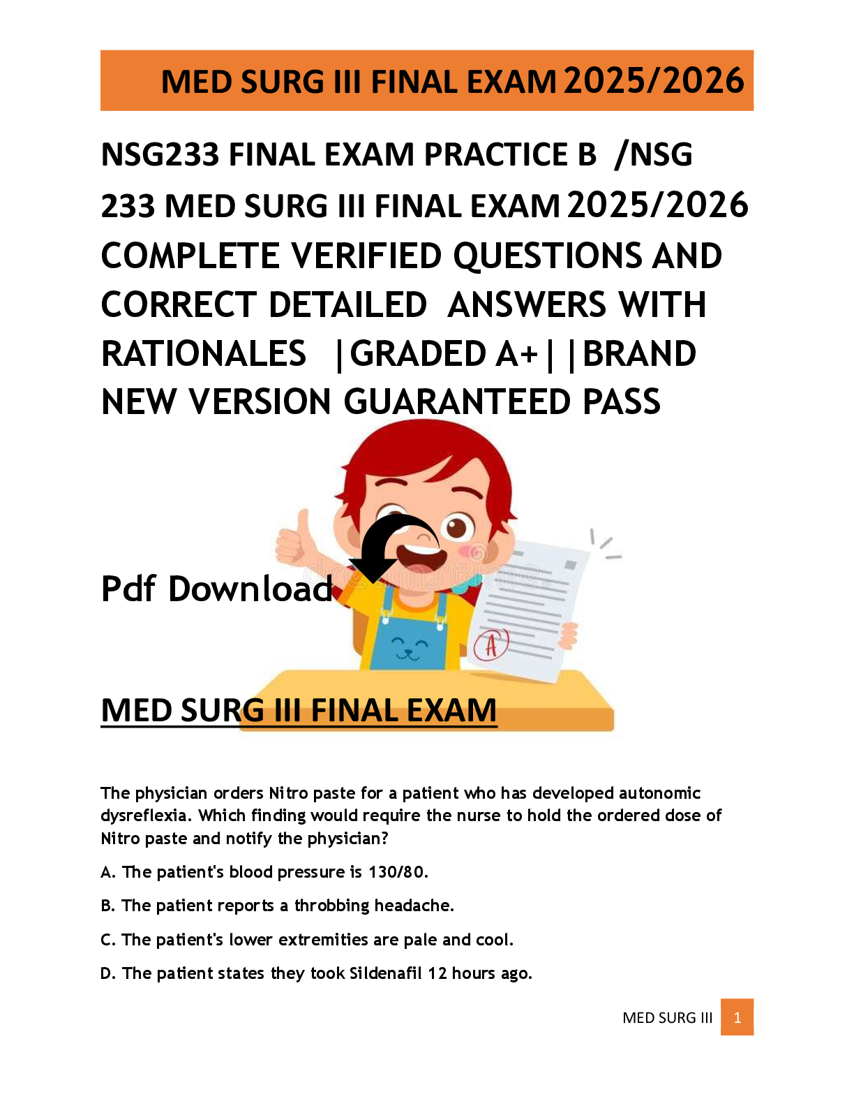 Preview of NSG233 FINAL EXAM PRACTICE B  /NSG  233 MED SURG III FINAL EXAM  2025/2026  COMPLETE VERIF