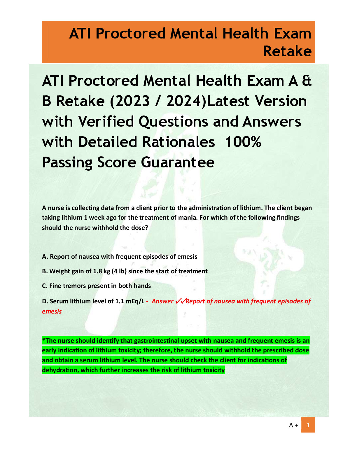 Recommended document preview for ATI Proctored Mental Health Exam A &  B Retake (2023 / 2024)Latest Version  with Verified Questions and Answers  with Detailed Rationales  100%  Passing Score Guarantee