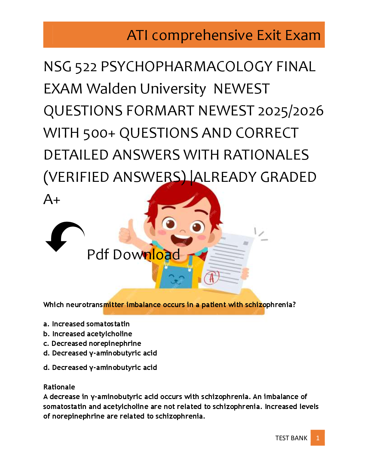 Preview of NSG 522 PSYCHOPHARMACOLOGY FINAL  EXAM Walden University  NEWEST  QUESTIONS FORMART NEWEST