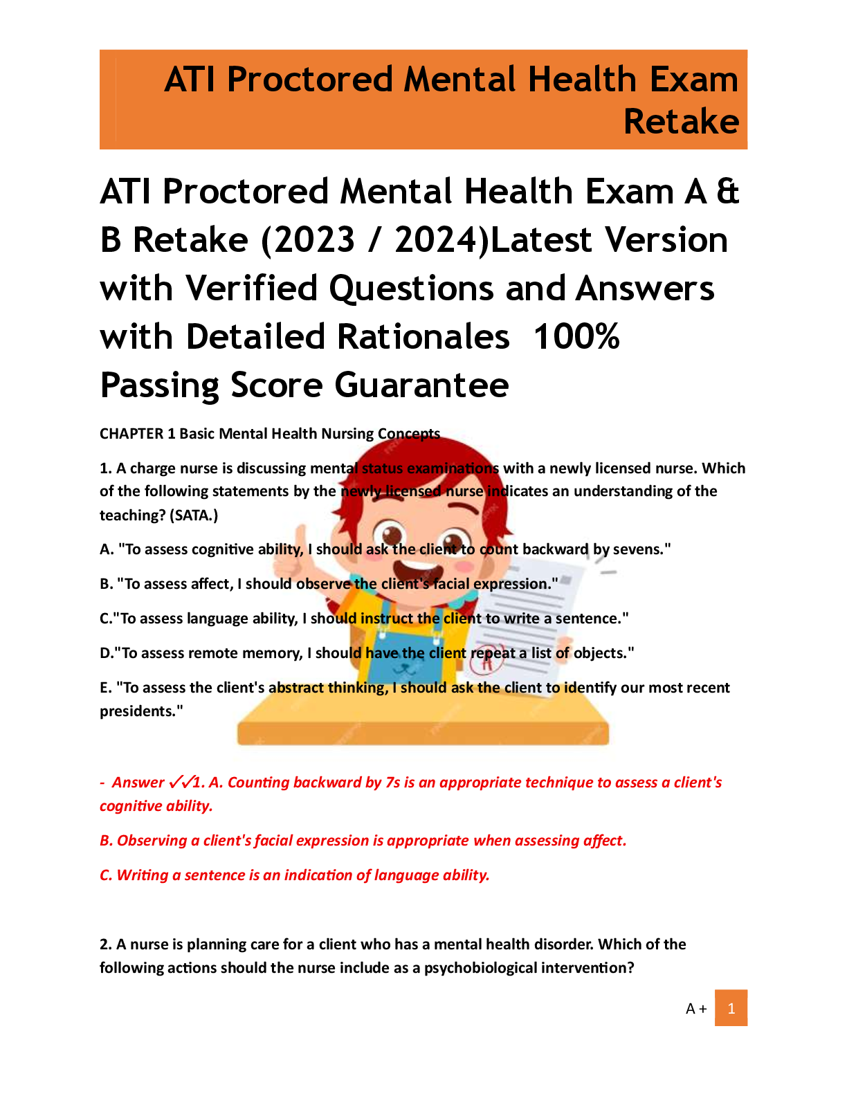 Preview of ATI Proctored Mental Health Exam A &  B Retake (2023 / 2024)Latest Version  with Verified