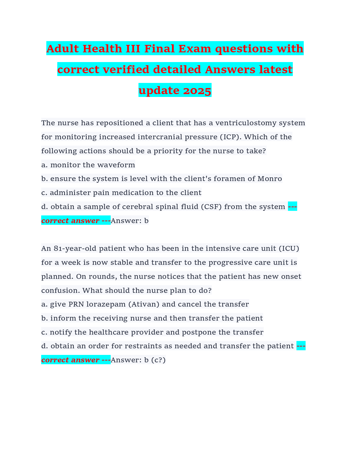 Preview of Adult Health III Final Exam questions with  correct verified detailed Answers latest  upda