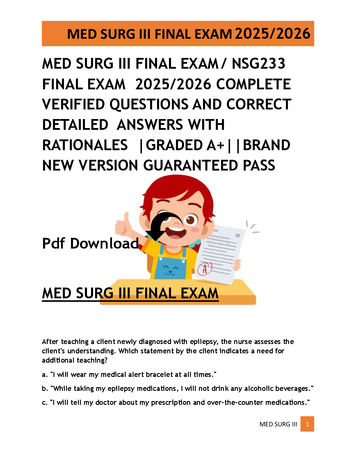 Preview of MED SURG III FINAL EXAM  / NSG233  FINAL EXAM  2025/2026 COMPLETE  VERIFIED QUESTIONS AND