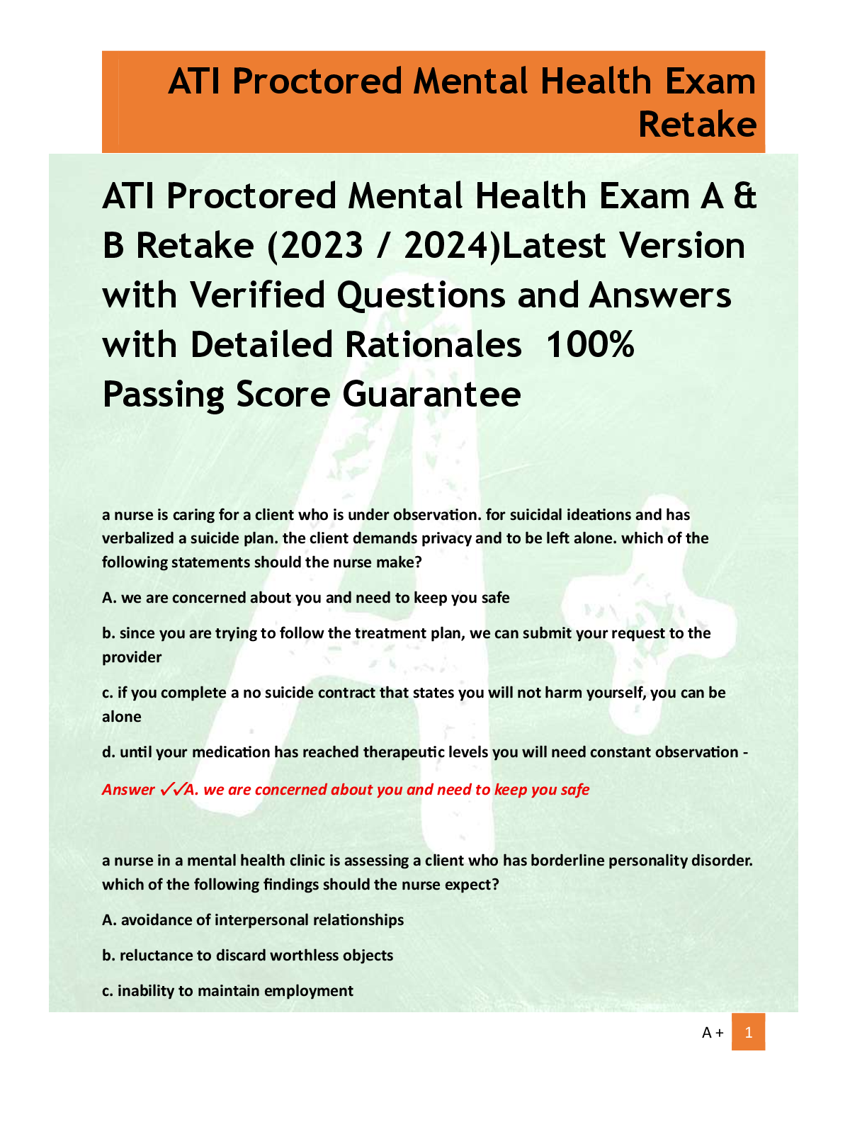 Recommended document preview for ATI Proctored Mental Health Exam A &  B Retake (2023 / 2024)Latest Version  with Verified Questions and Answers  with Detailed Rationales  100%  Passing Score Guarantee