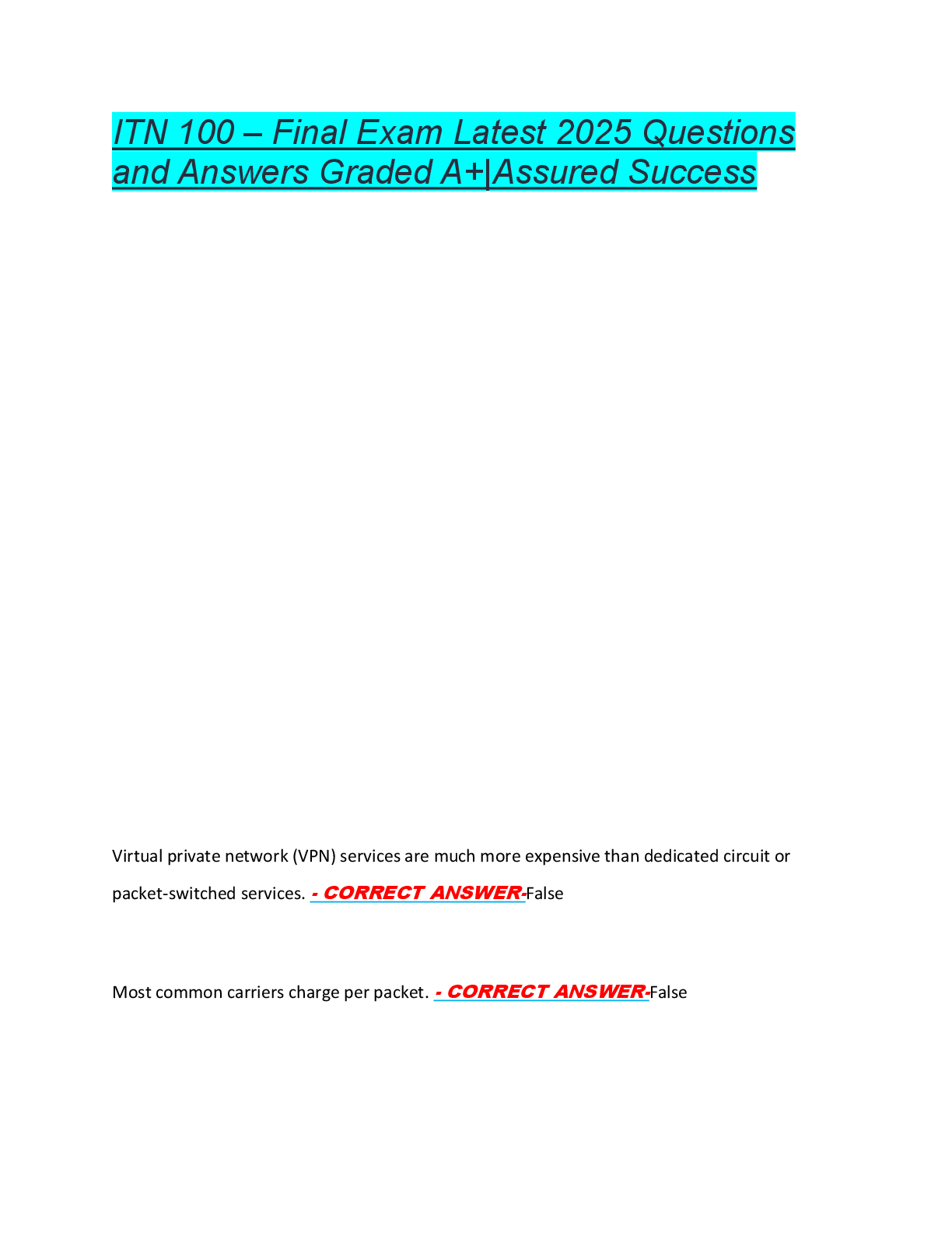 ITN 100 – Final Exam Latest 2025 Questions  and Answers Graded A+|Assured Success