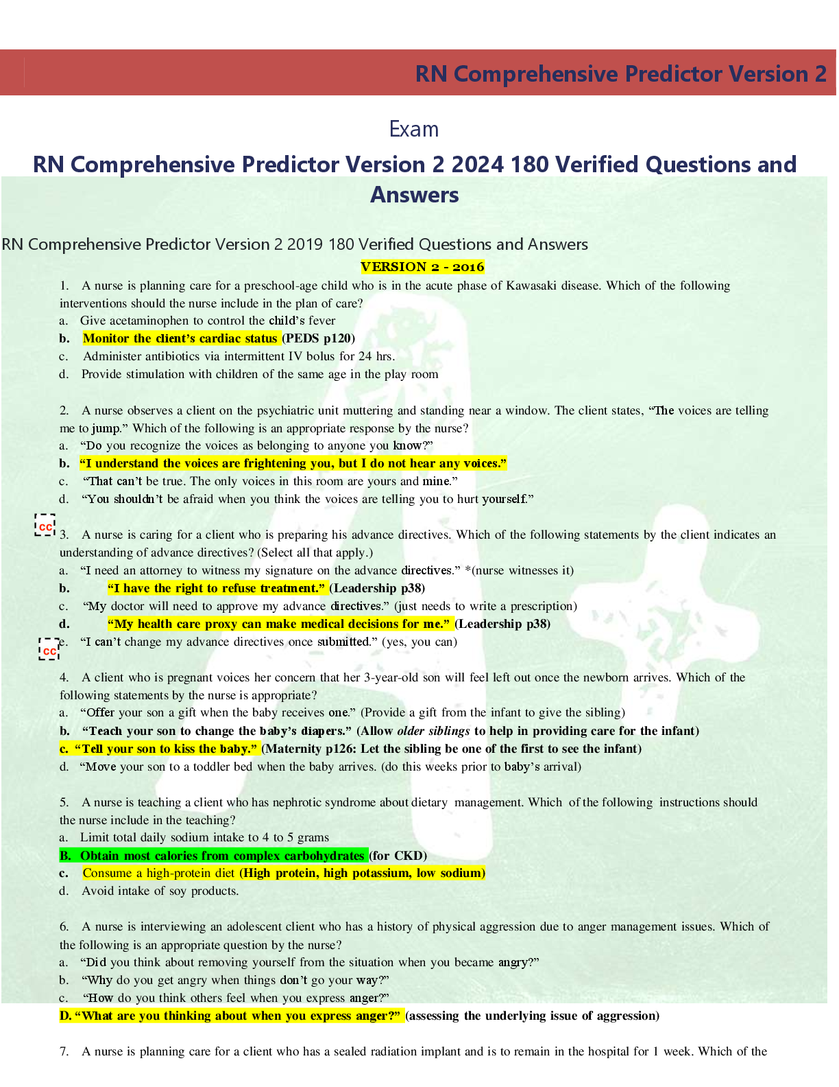 RN Comprehensive Predictor Version 2 2024 180 Verified Questions and  Answers