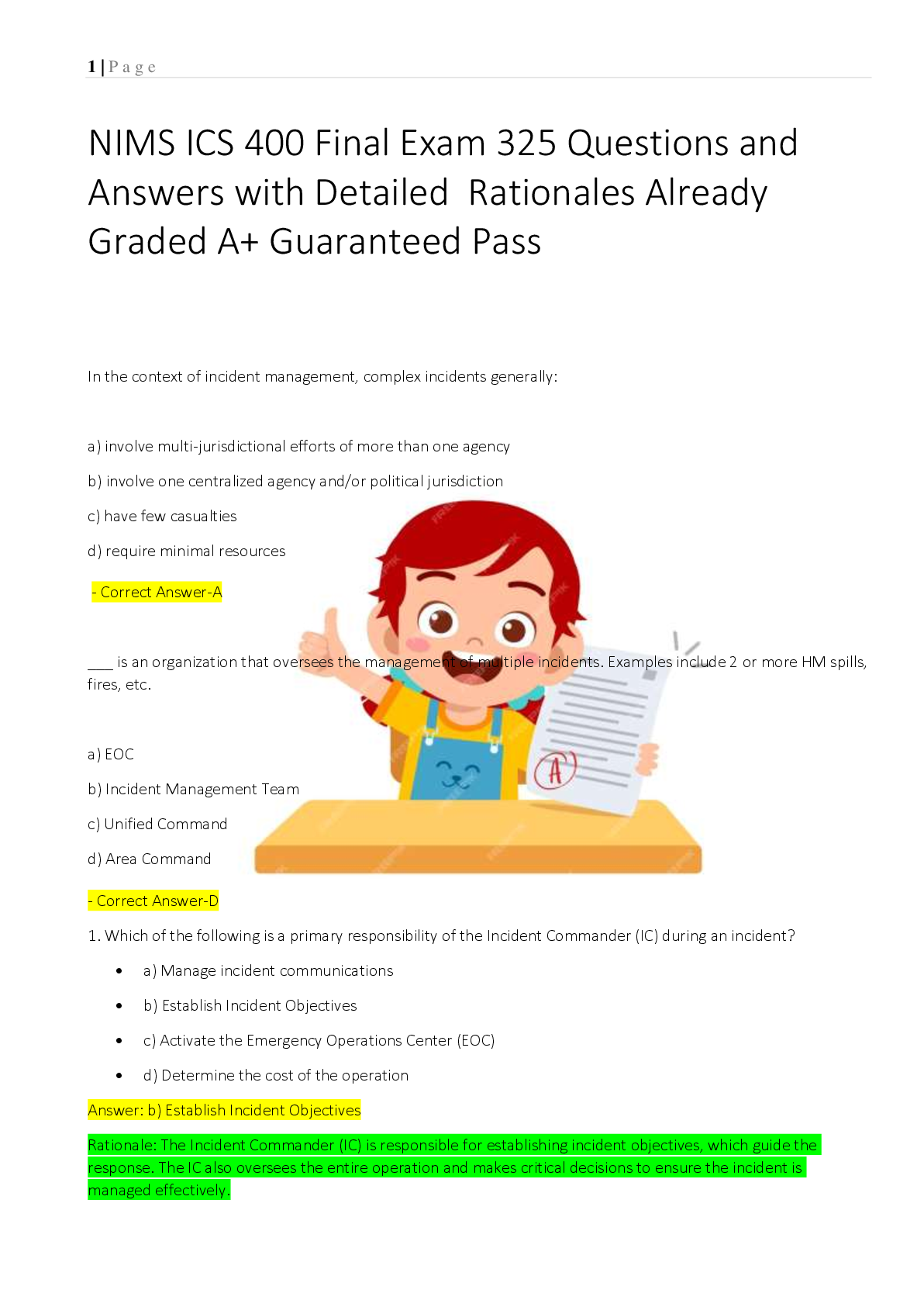 Preview of NIMS ICS 400 Final Exam 325 Questions and  Answers with Detailed  Rationales Already   Gra