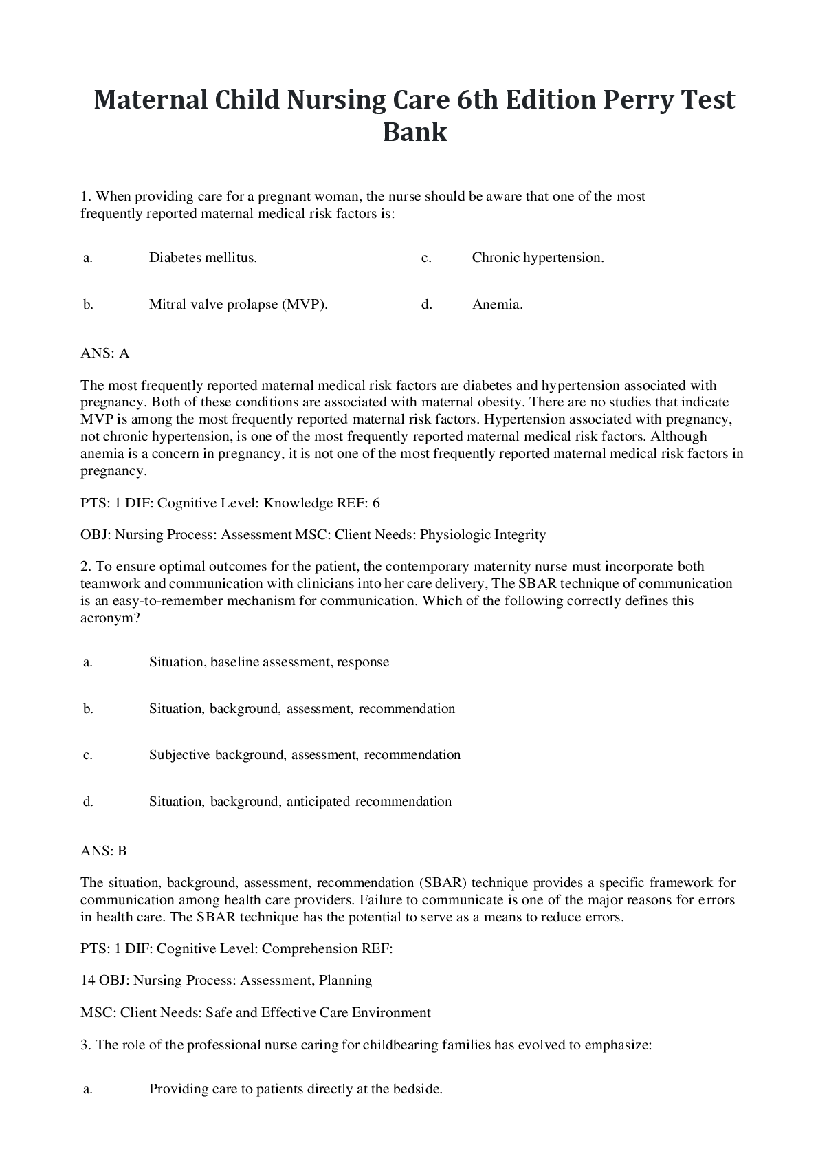 Preview image for Maternal Child Nursing Care 6th Edition By Perry TEST BANK