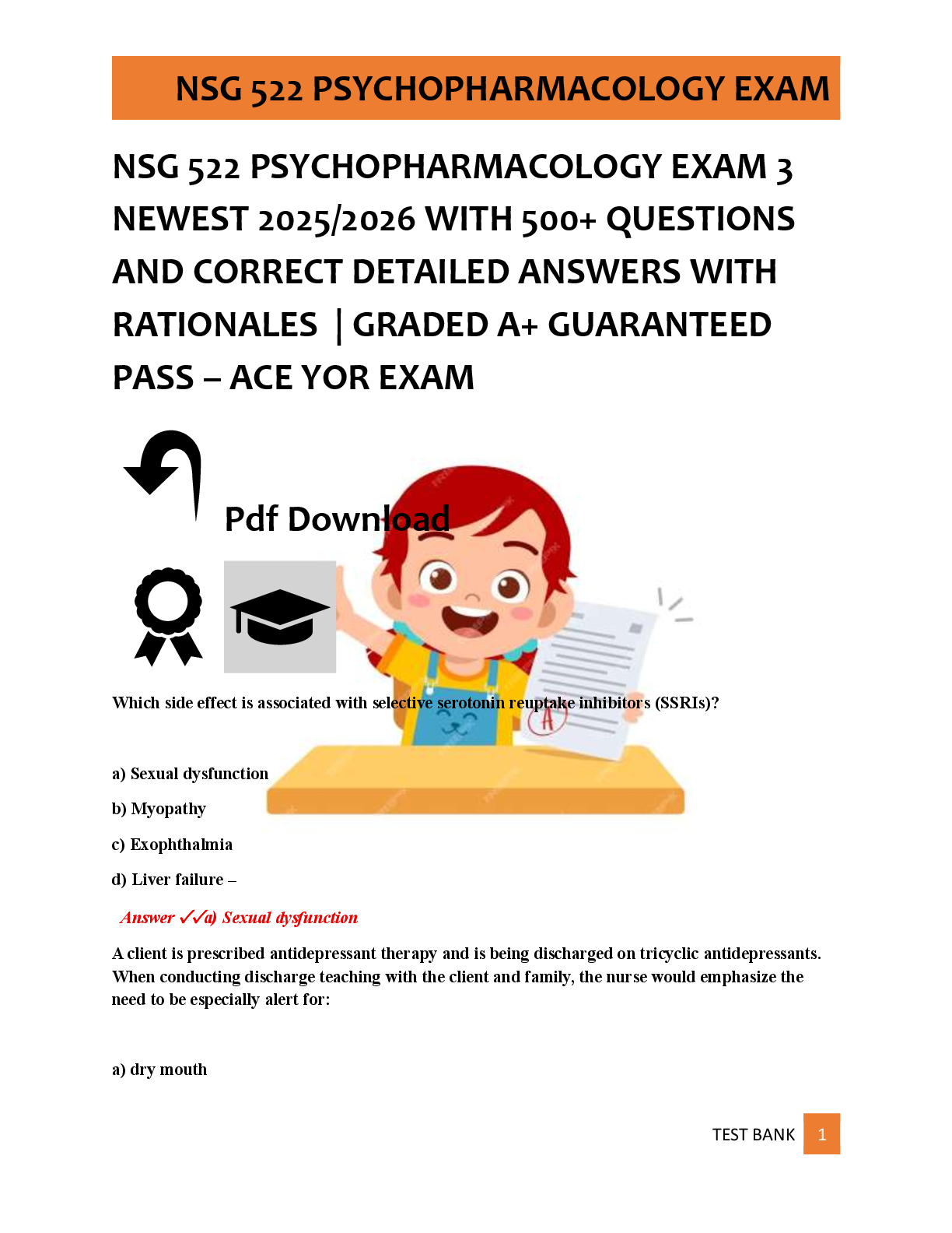 Preview of NSG 522 PSYCHOPHARMACOLOGY EXAM 3  NEWEST 2025/2026 WITH 500+ QUESTIONS  AND CORRECT DETAI