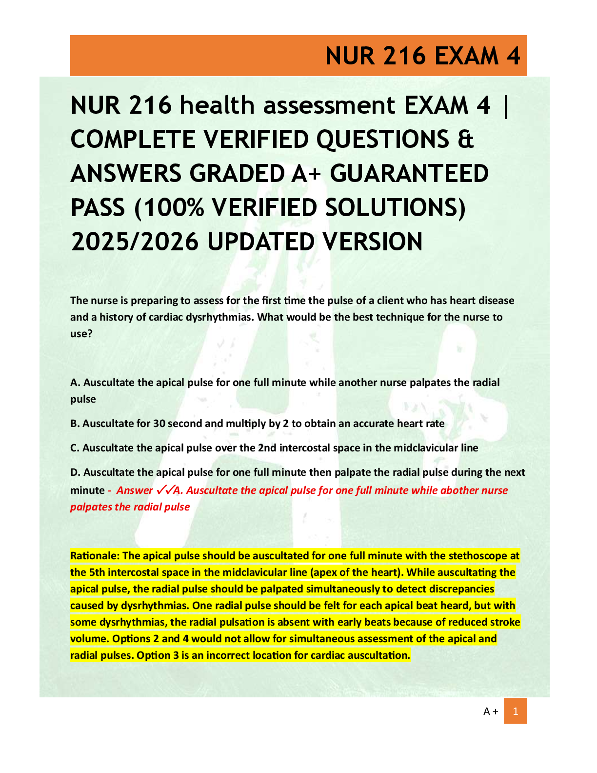 Preview of NUR 216 health assessment EXAM 4 |  COMPLETE VERIFIED QUESTIONS &  ANSWERS GRADED A+ GUARA