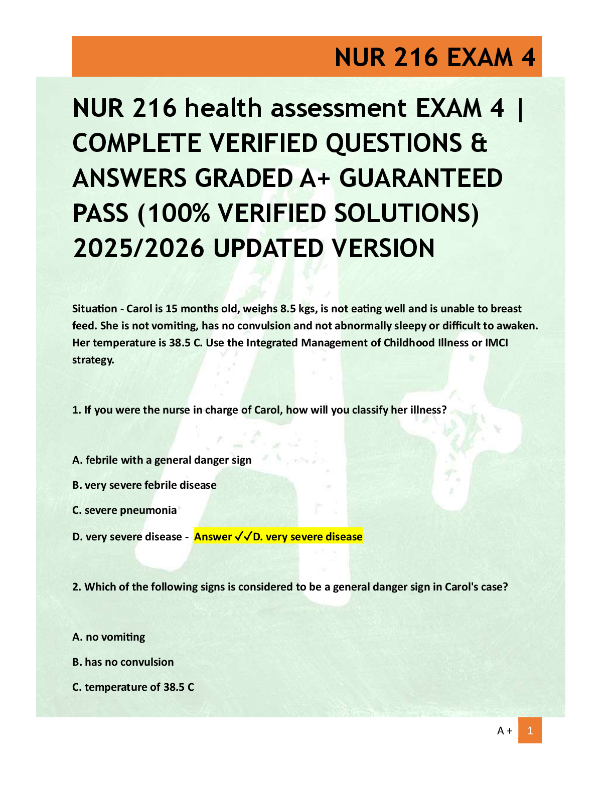 Preview of NUR 216 health assessment EXAM 4 |  COMPLETE VERIFIED QUESTIONS &  ANSWERS GRADED A+ GUARA