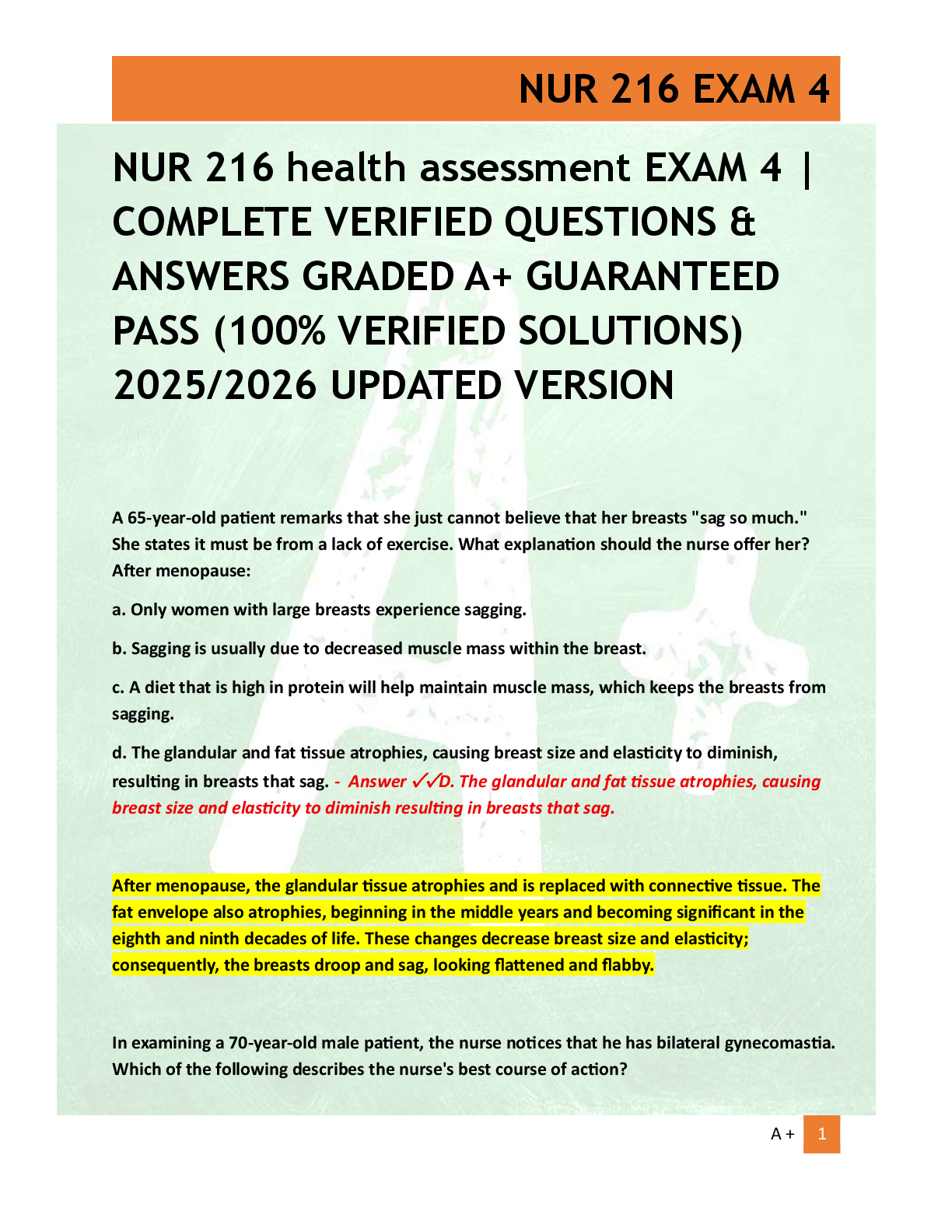 Preview of NUR 216 health assessment EXAM 4 |  COMPLETE VERIFIED QUESTIONS &  ANSWERS GRADED A+ GUARA