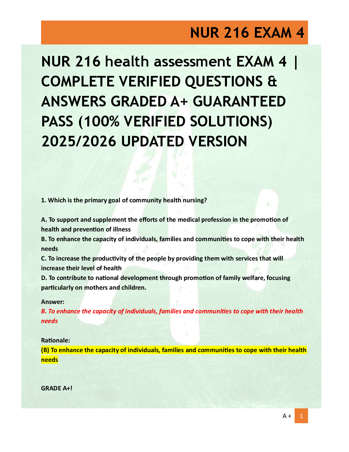 Preview of NUR 216 health assessment EXAM 4 |  COMPLETE VERIFIED QUESTIONS &  ANSWERS GRADED A+ GUARA
