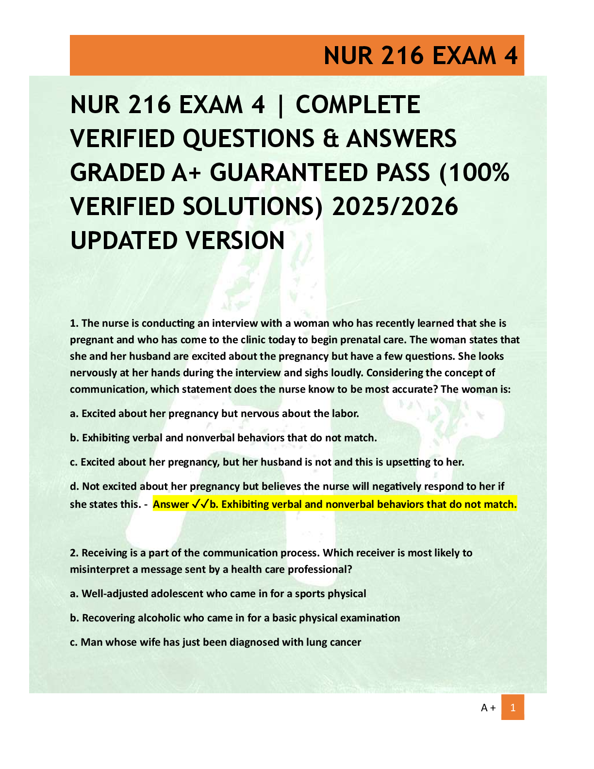 Preview of NUR 216 EXAM 4 | COMPLETE  VERIFIED QUESTIONS & ANSWERS  GRADED A+ GUARANTEED PASS (100%