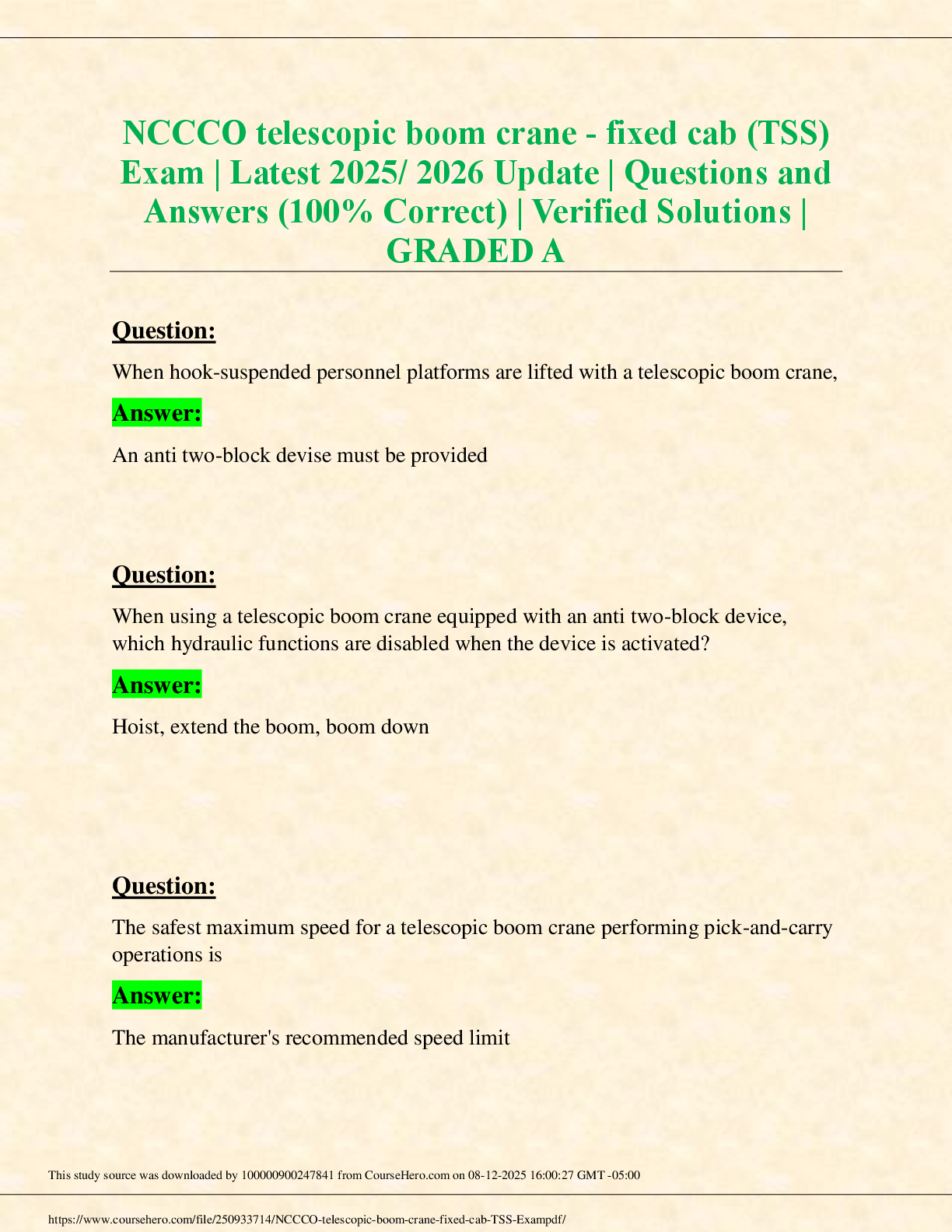 Preview of NCCCO telescopic boom crane - fixed cab (TSS)  Exam | Latest 2025/ 2026 Update | Questions and  Answers (100% Correct) | Verified Solutions |  GRADED A