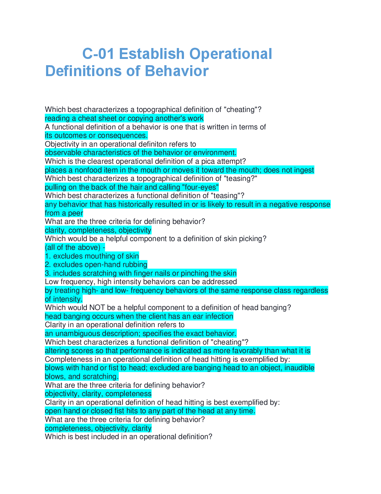 Preview image for C-01 Establish Operational Definitions of Behavior questions and answers complete solution 2025/2026