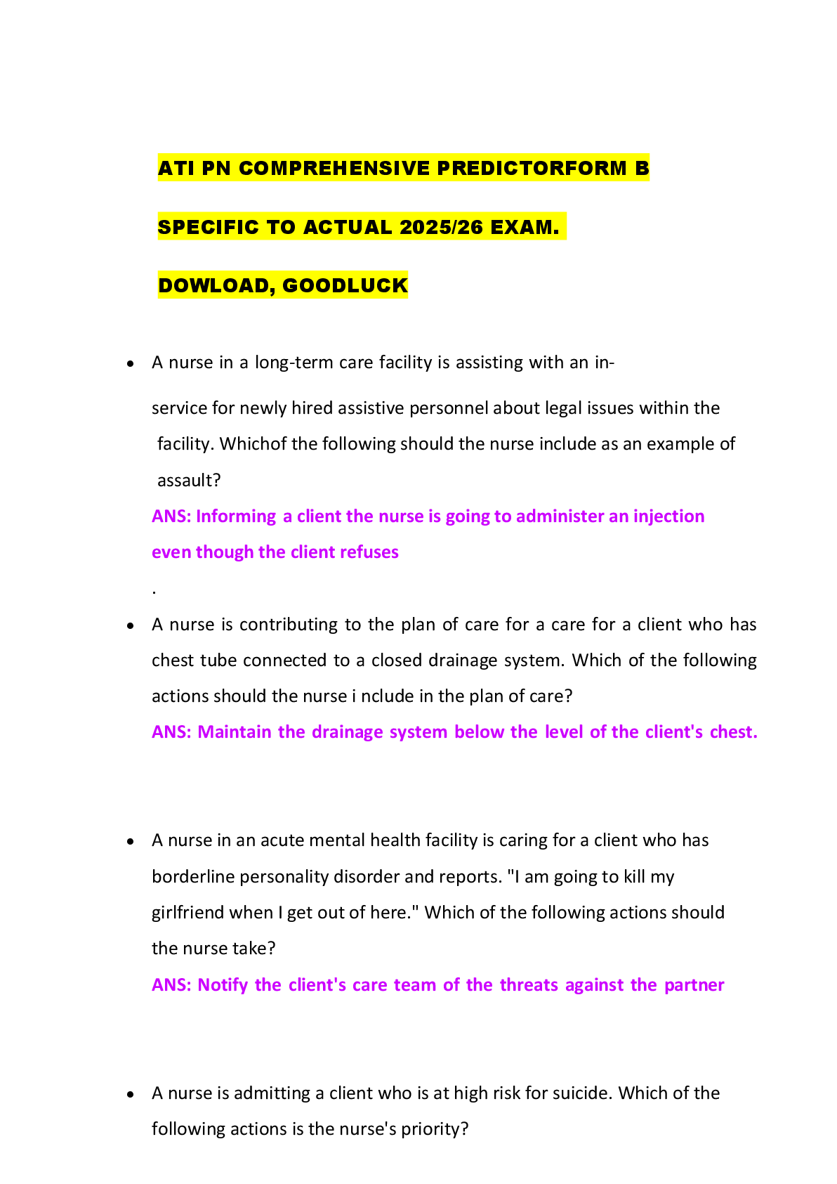 Preview image for ATI PN COMPREHENSIVE PREDICTORFORM B  SPECIFIC TO ACTUAL 2025/26 EXAM.   DOWLOAD, GOODLUCK