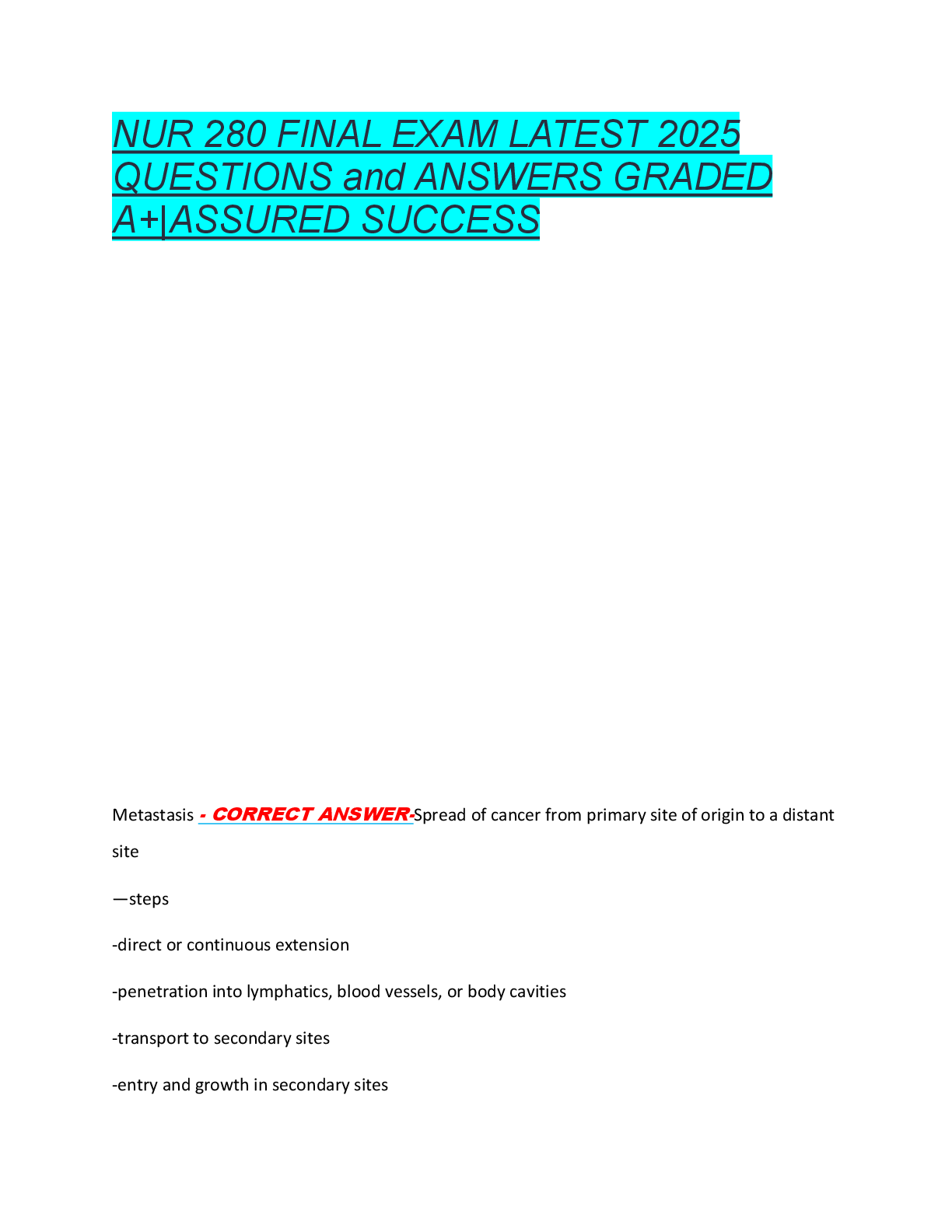NUR 280 FINAL EXAM LATEST 2025  QUESTIONS and ANSWERS GRADED  A+|ASSURED SUCCESS