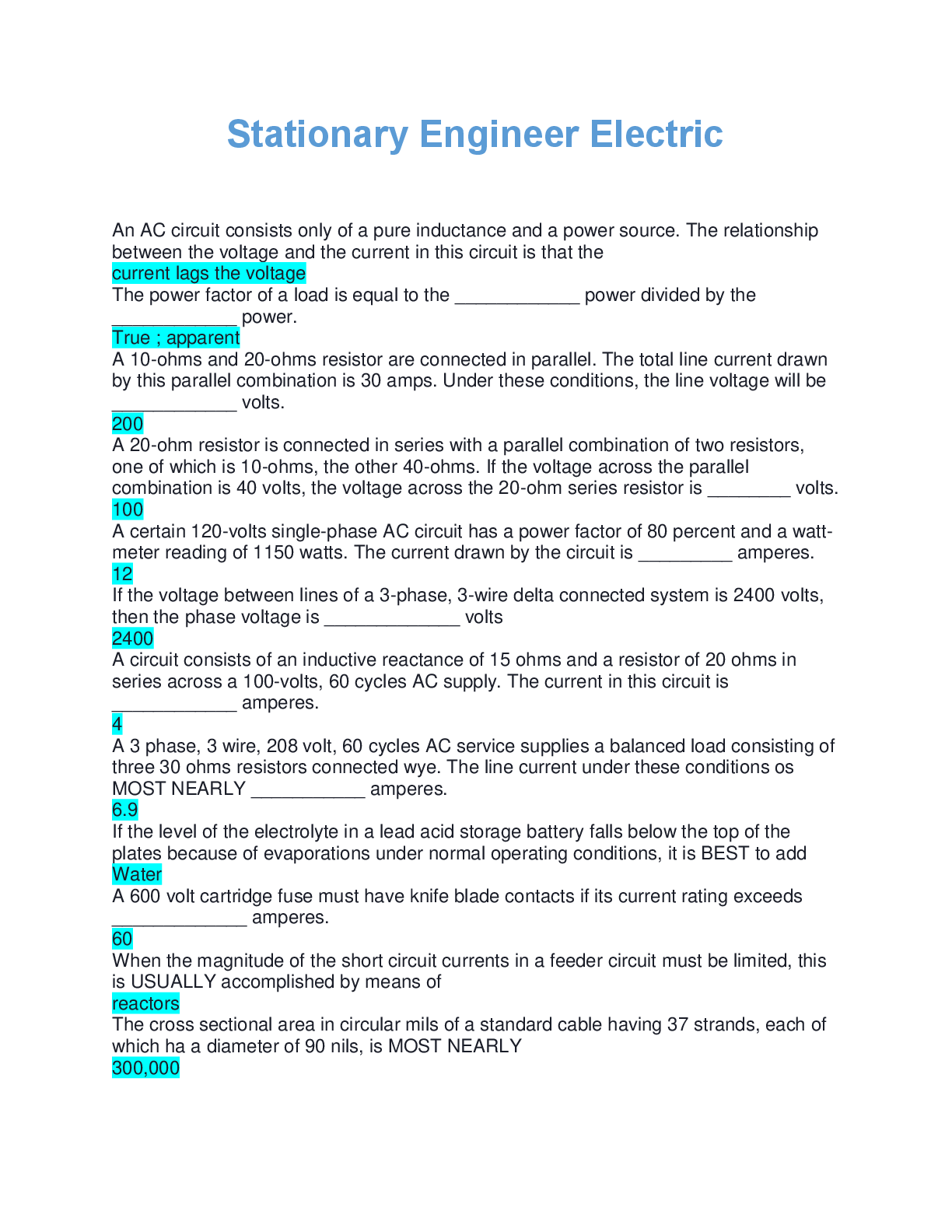 Preview image for Stationary Engineer Electric  questions with verified answers complete solution 2025/2026