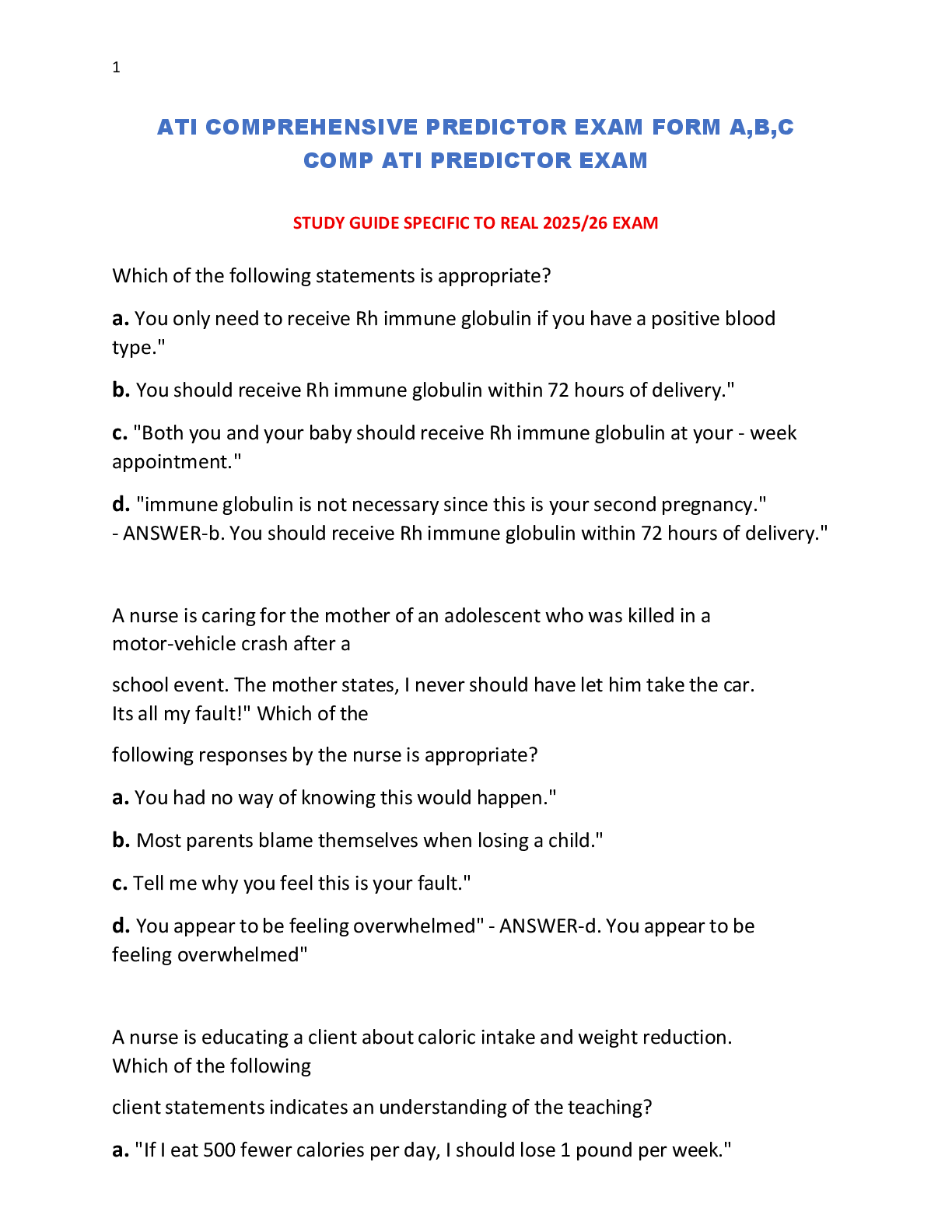 Preview image for ATI COMPREHENSIVE PREDICTOR EXAM FORM A,B,C   COMP ATI PREDICTOR EXAM