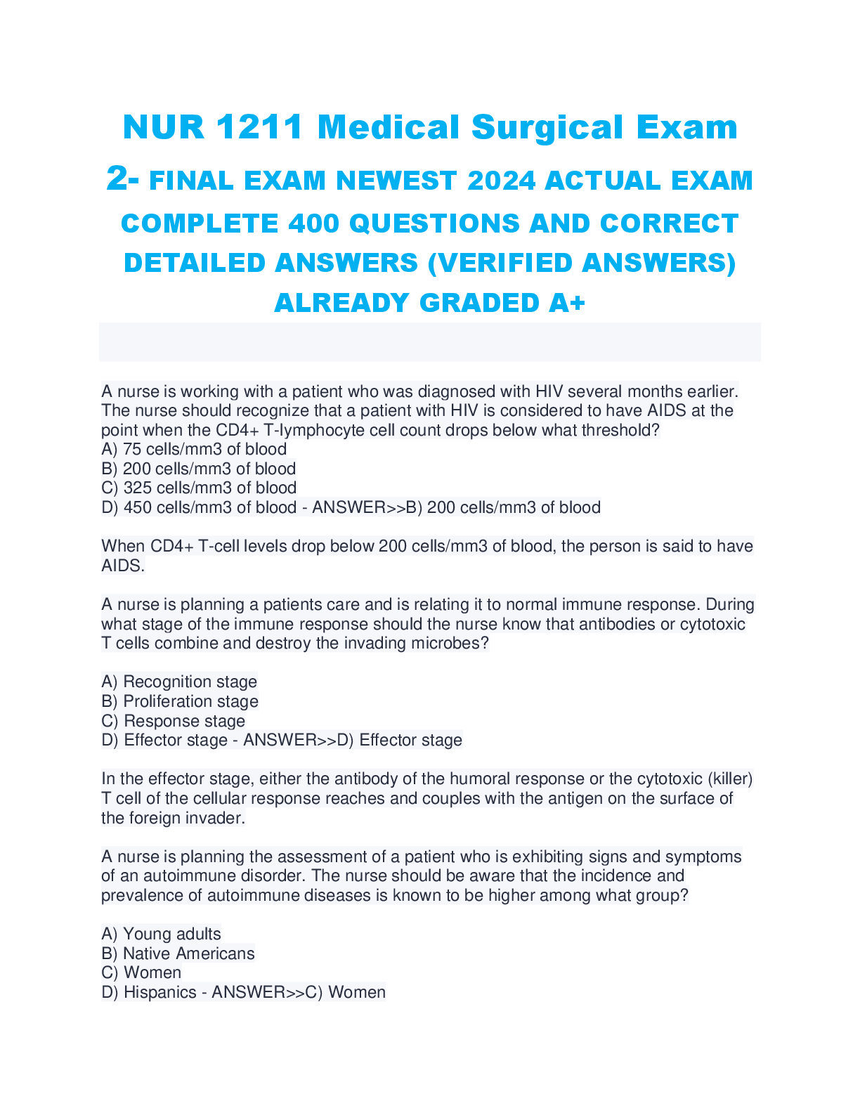 Preview image for NUR 1211 Medical Surgical_Exam_2__FINAL_EXAM_NEWEST_2024_ACTUAL_EXAM_COMPLETE_400_QUESTIONS_AND_CORR (4)