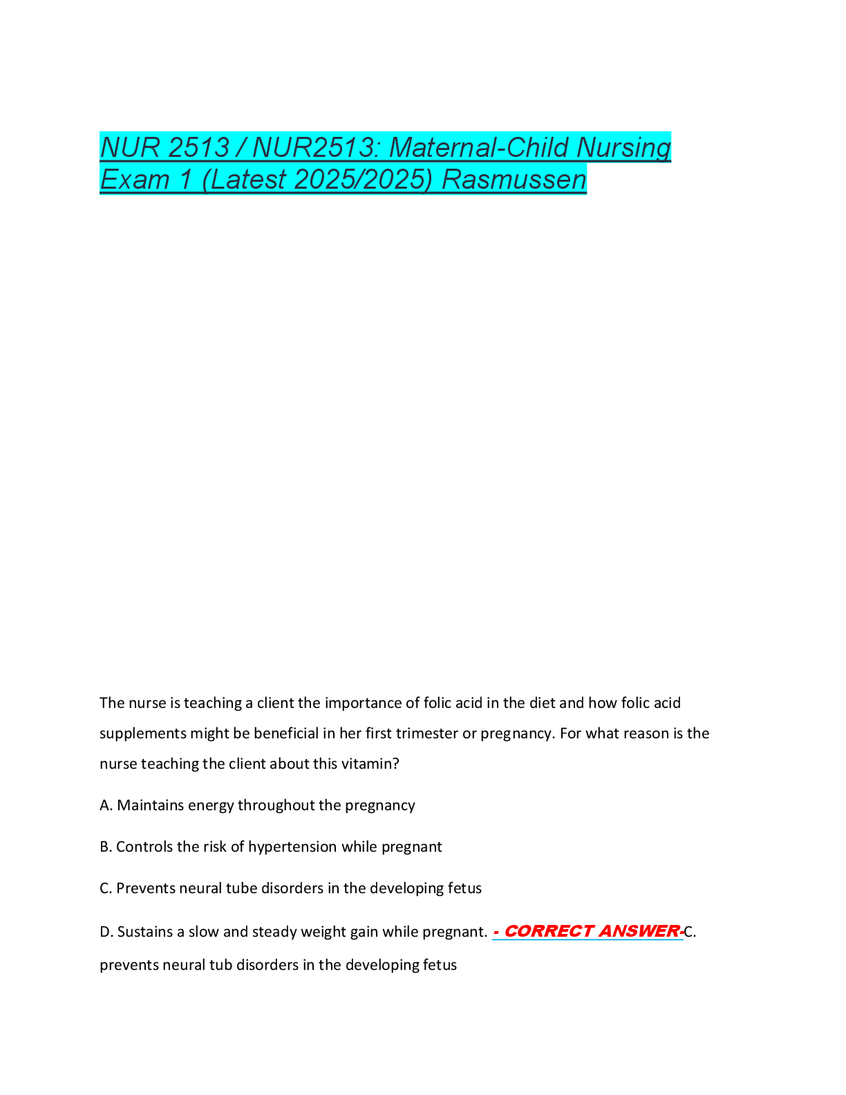 NUR 2513 / NUR2513: Maternal-Child Nursing  Exam 1 (Latest 2025/2025) Rasmussen