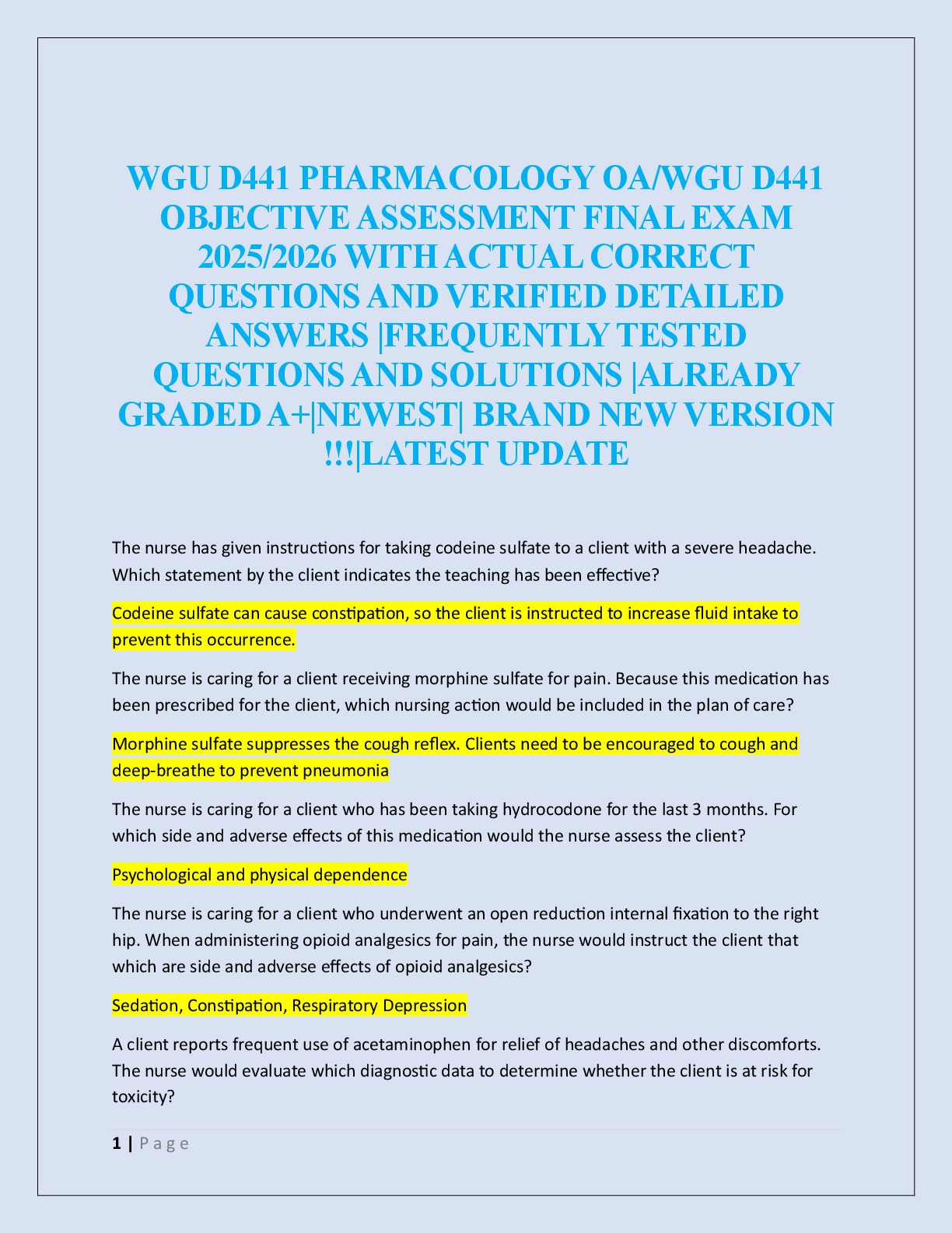 Preview of WGU D441 PHARMACOLOGY OA/WGU D441  OBJECTIVE ASSESSMENT FINAL EXAM   