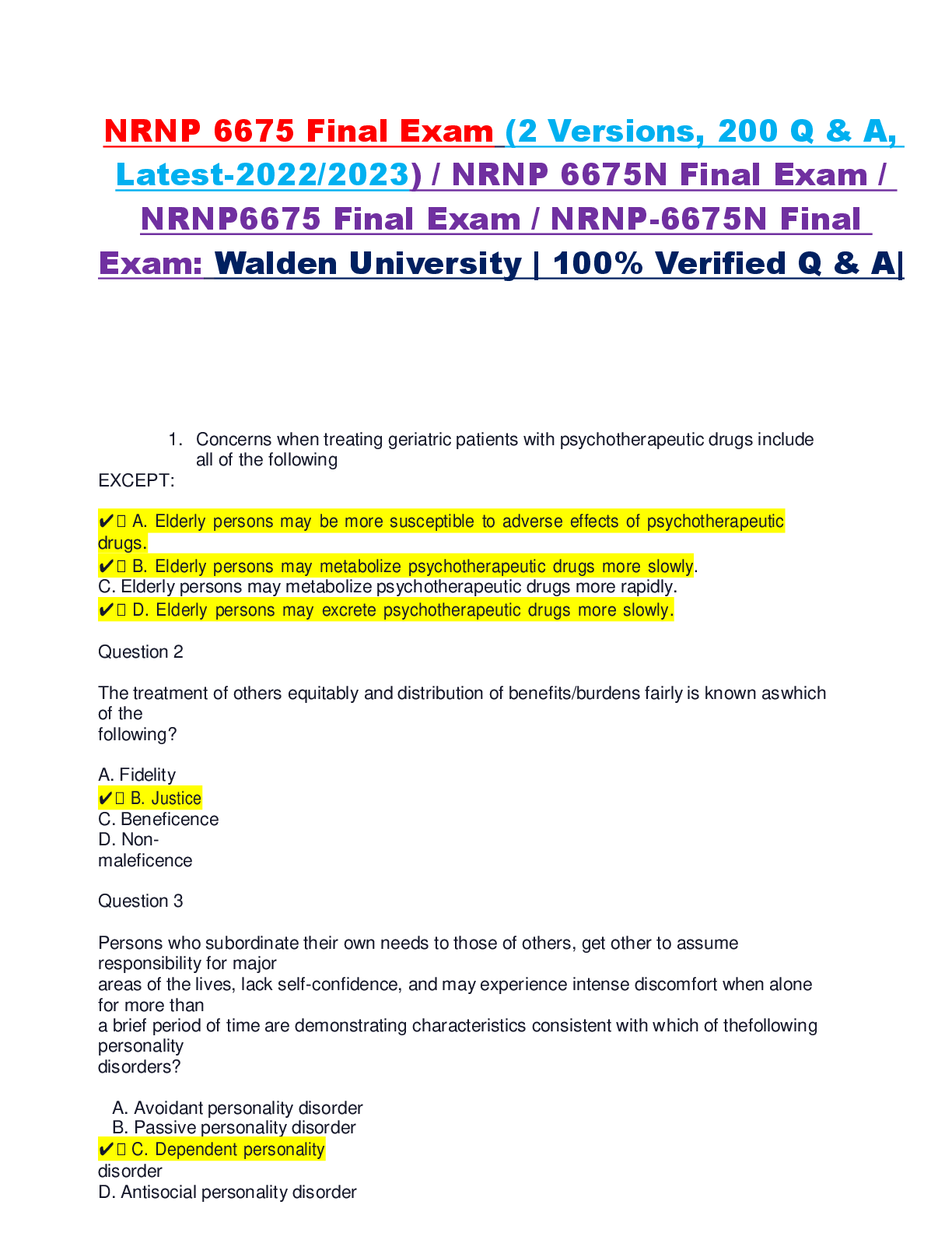 Preview of NRNP 6675 Final Exam (2 Versions, 200 Q & A,  Latest-2022/2023) / NRNP 6675N Final Exam /