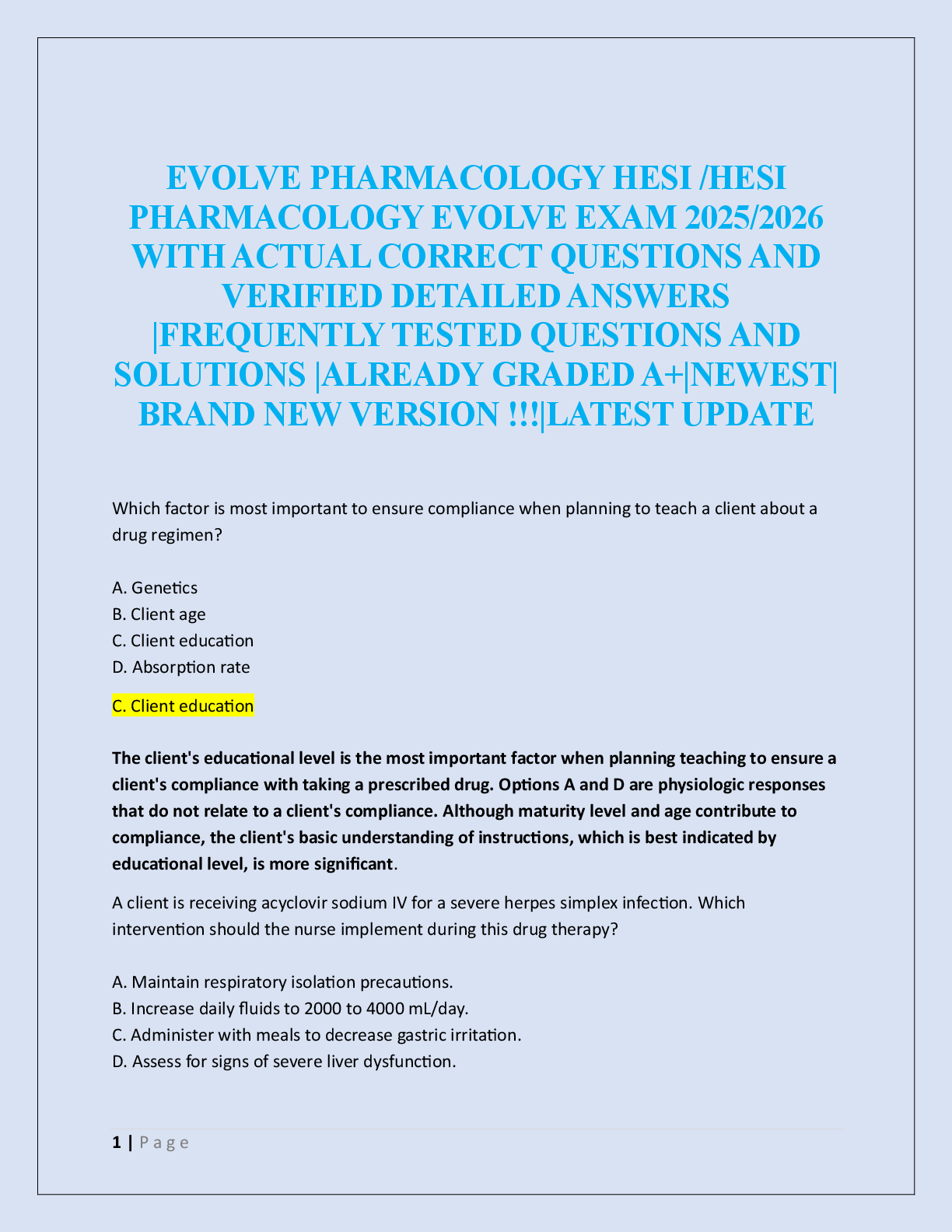 Preview of EVOLVE PHARMACOLOGY HESI /HESI  PHARMACOLOGY EVOLVE EXAM  