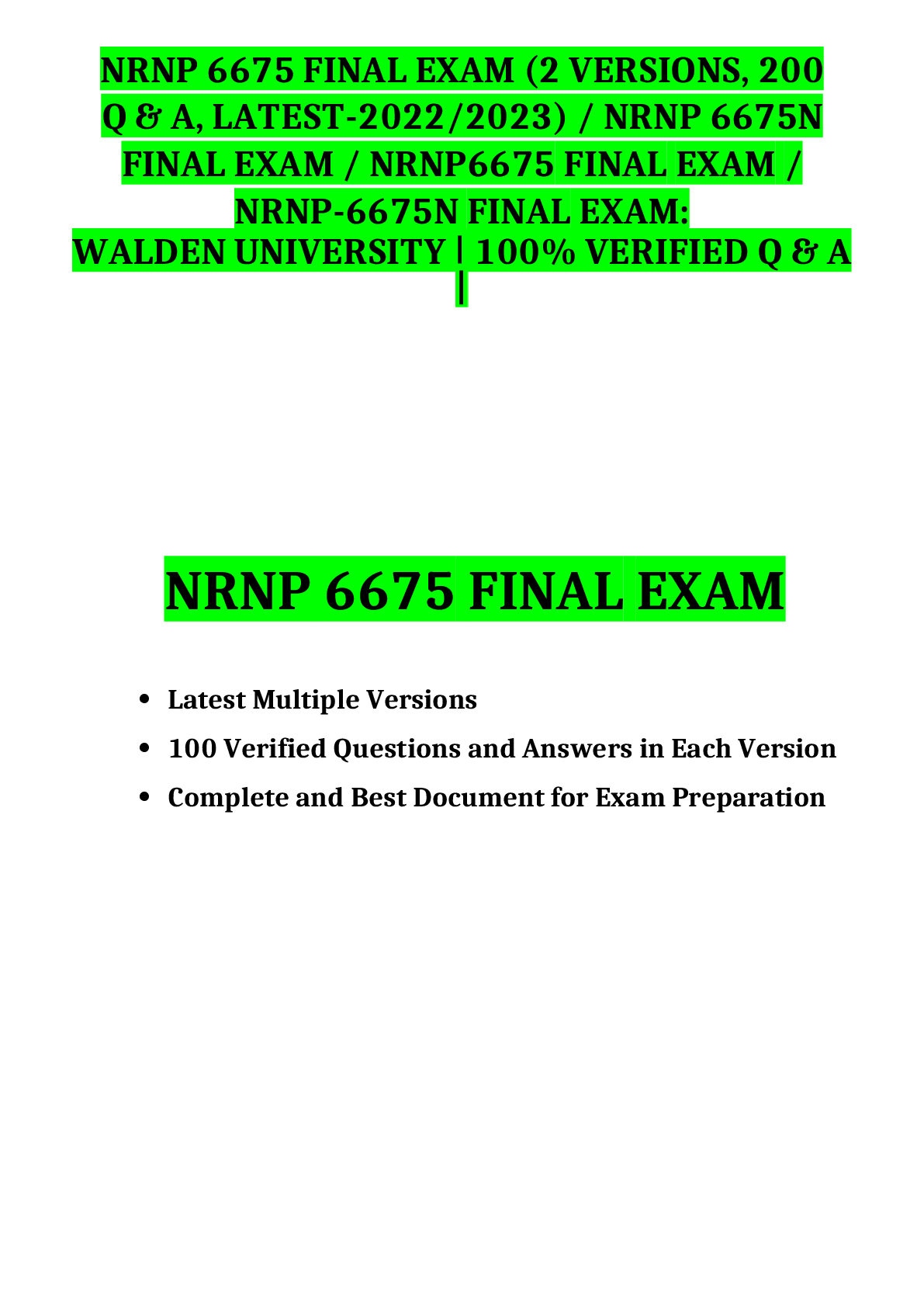 Preview of NRNP 6675 FINAL EXAM (2 VERSIONS, 200  Q &amp; A, LATEST-2022/2023) / NRNP 6675N  FINAL EXAM / NRNP6675  FINAL  EXAM /  NRNP-6675N  FINAL  EXAM:  WALDEN UNIVERSITY | 100% VERIFIED Q &amp; A  |  NRNP  6675  FINAL  EXAM