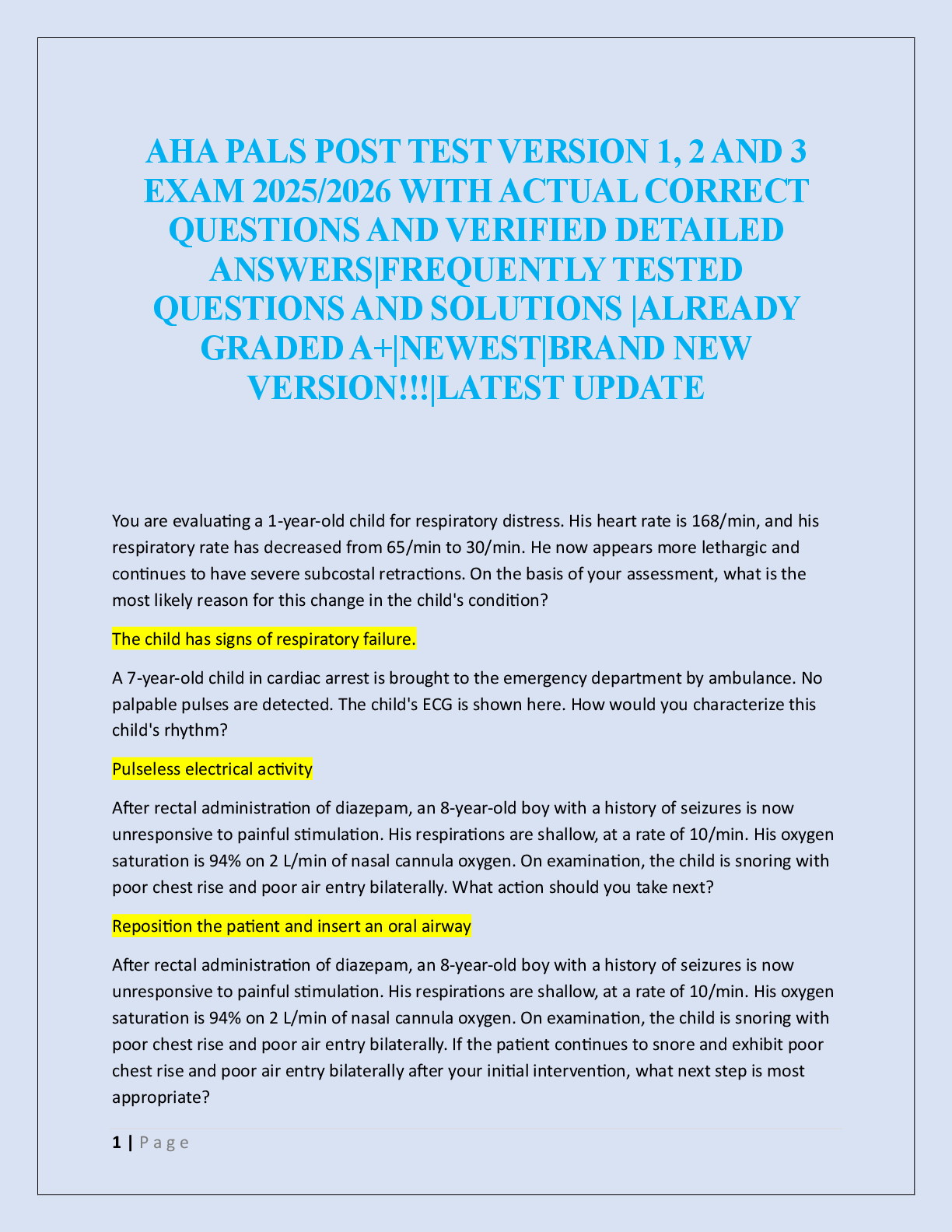 AHA PALS POST TEST VERSION 1, 2 AND 3  EXAM  