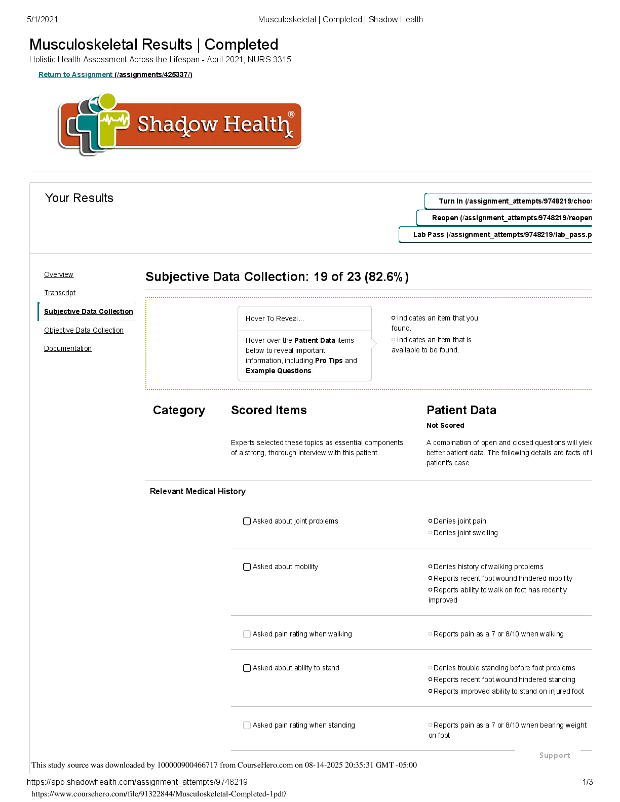 Preview of Musculoskeletal Results | Completed  Holistic Health Assessment Across the Lifespan - Apri