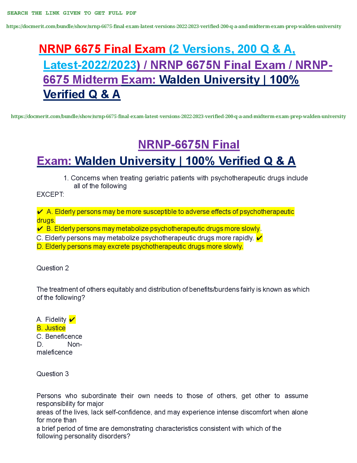 Preview of NRNP 6675 Final Exam (2 Versions, 200 Q & A,   Latest-2022/2023) / NRNP 6675N Final Exam /