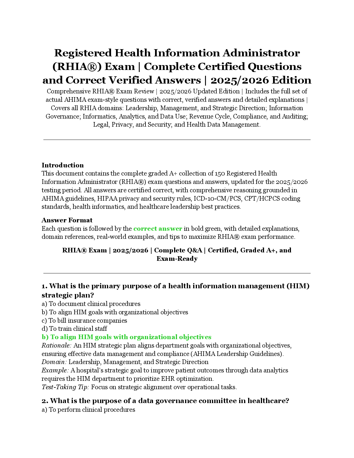 Preview image for Registered Health Information Administrator (RHIA®) Exam 2025/2026 – Certified Questions, Verified Correct Answers & Detailed Explanations | Leadership, Information Governance, Data Analytics, Revenue Cycle, Compliance & Health Data Management