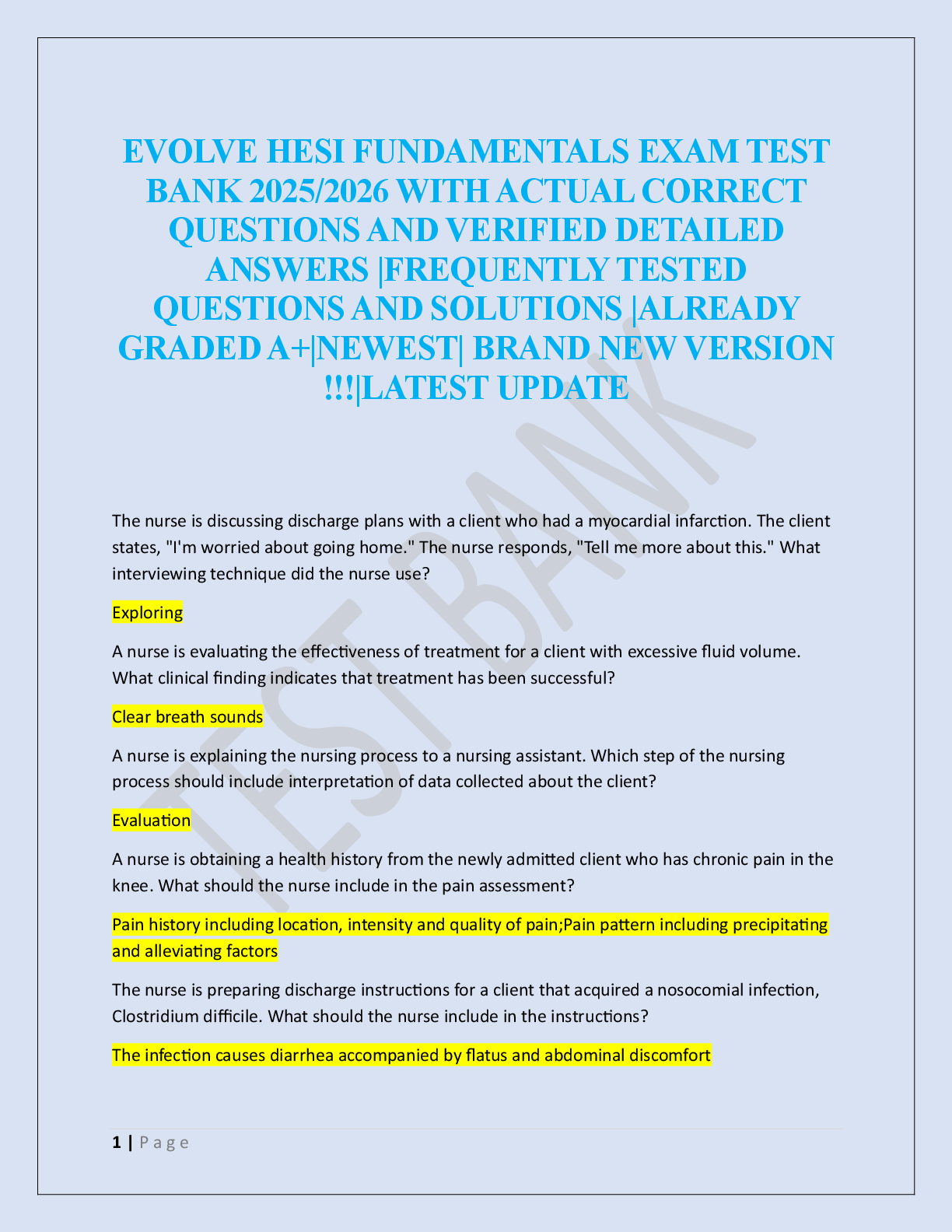 EVOLVE HESI FUNDAMENTALS EXAM TEST  BANK  