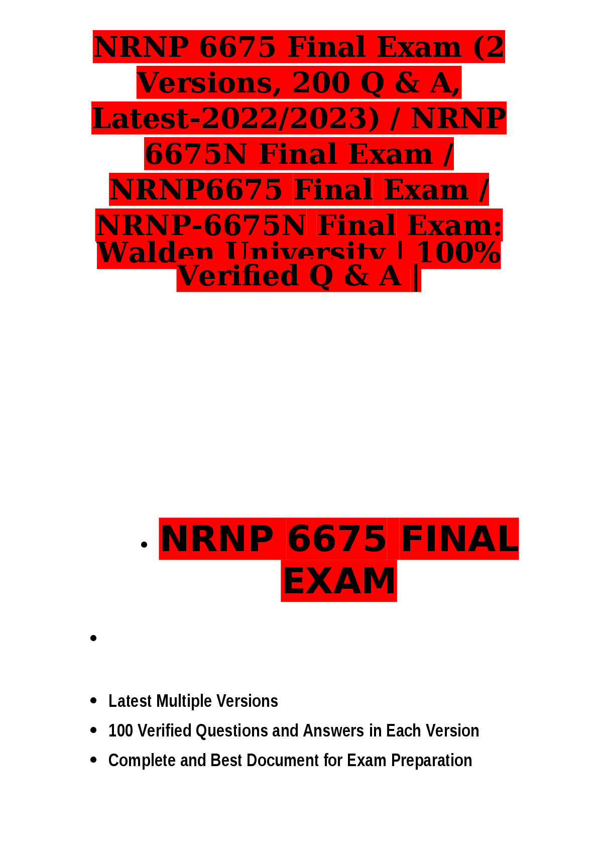 Preview of NRNP 6675 Final Exam (2  Versions, 200 Q &amp; A,  Latest-2022/2023) / NRNP  6675N Final Exam /  NRNP6675  Final  Exam /  NRNP-6675N  Final  Exam:  Walden University | 100%  Verified Q &amp; A |      NRNP  6675  EXAM   Latest Multiple Versions  FINAL