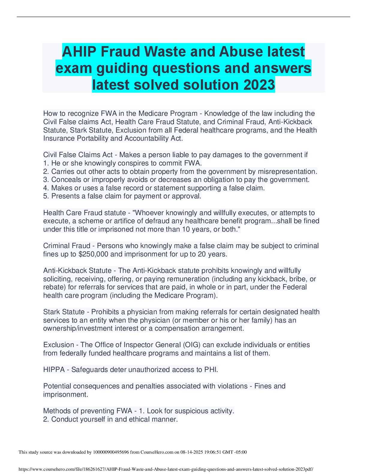 Recommended document preview for AHIP Fraud Waste and Abuse latest  exam guiding questions and answers  latest solved solution 2023