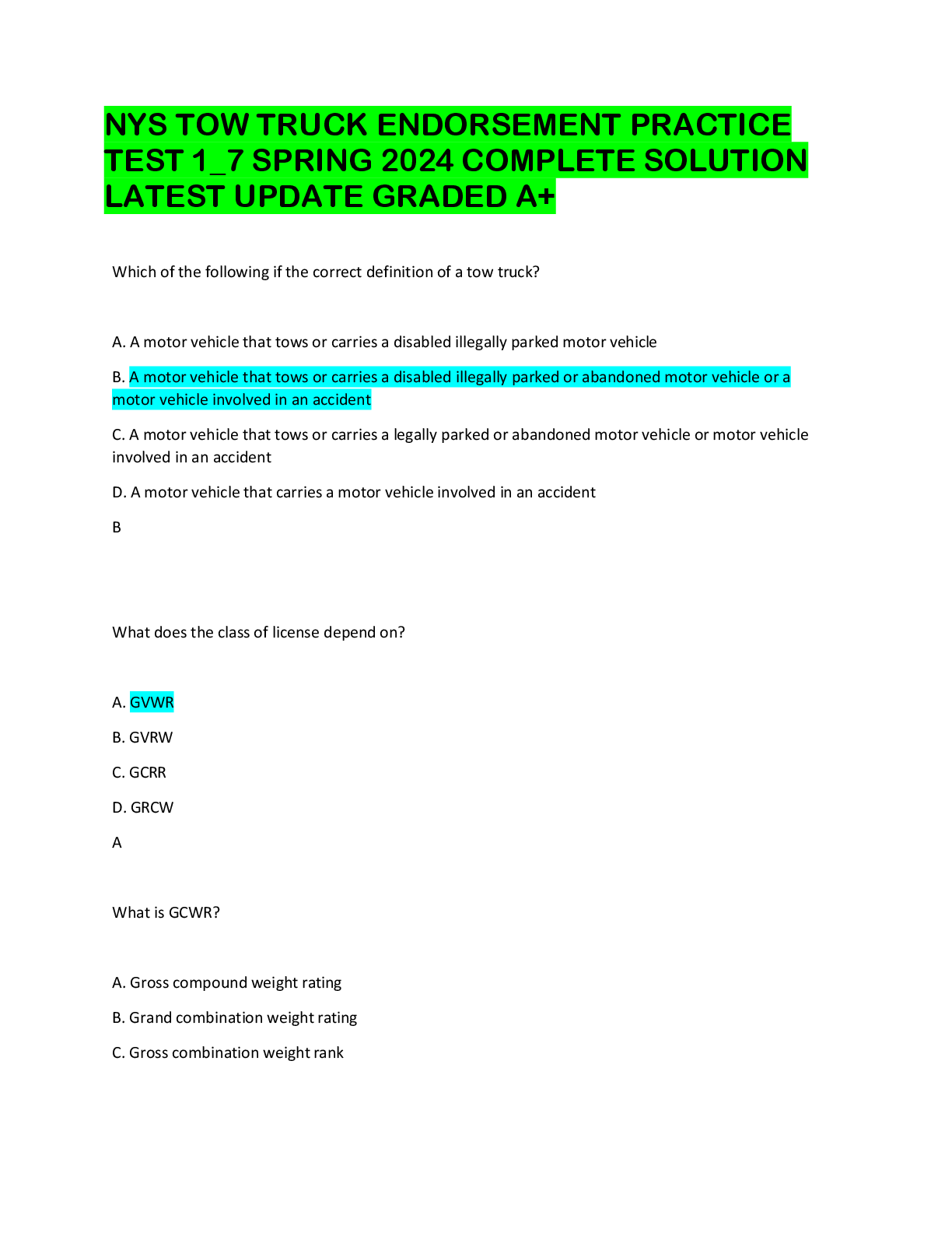 Preview image for NYS TOW TRUCK ENDORSEMENT PRACTICE  TEST 1_7 SPRING 2024 COMPLETE SOLUTION  LATEST UPDATE GRADED A+