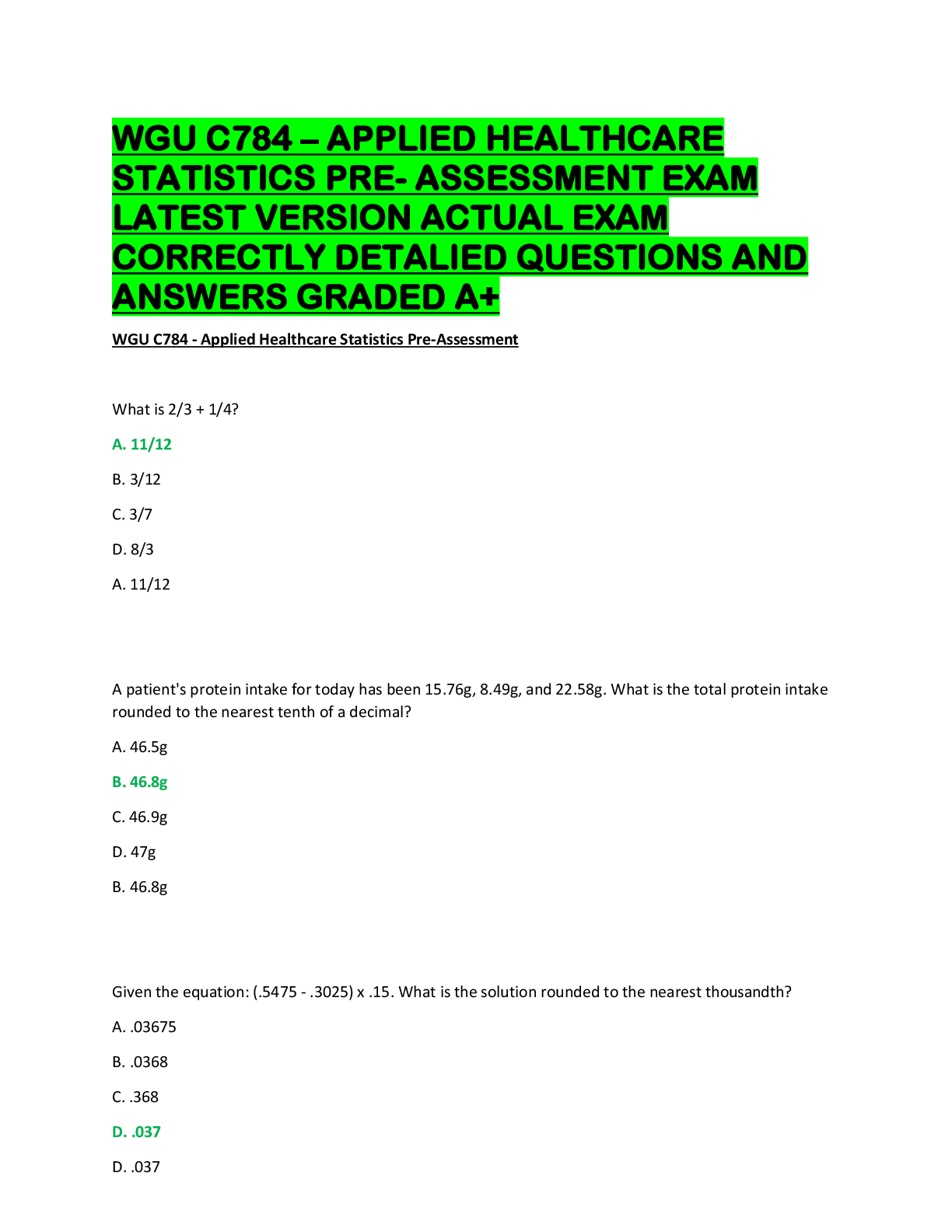 Preview image for WGU C784 – APPLIED HEALTHCARE  STATISTICS PRE- ASSESSMENT EXAM  LATEST VERSION ACTUAL EXAM  CORRECTLY DETALIED QUESTIONS AND  ANSWERS GRADED A+