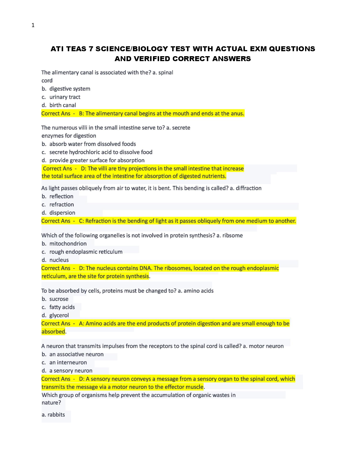 Preview image for ATI TEAS 7 SCIENCE/BIOLOGY TEST WITH ACTUAL EXM QUESTIONS  AND VERIFIED CORRECT ANSWERS