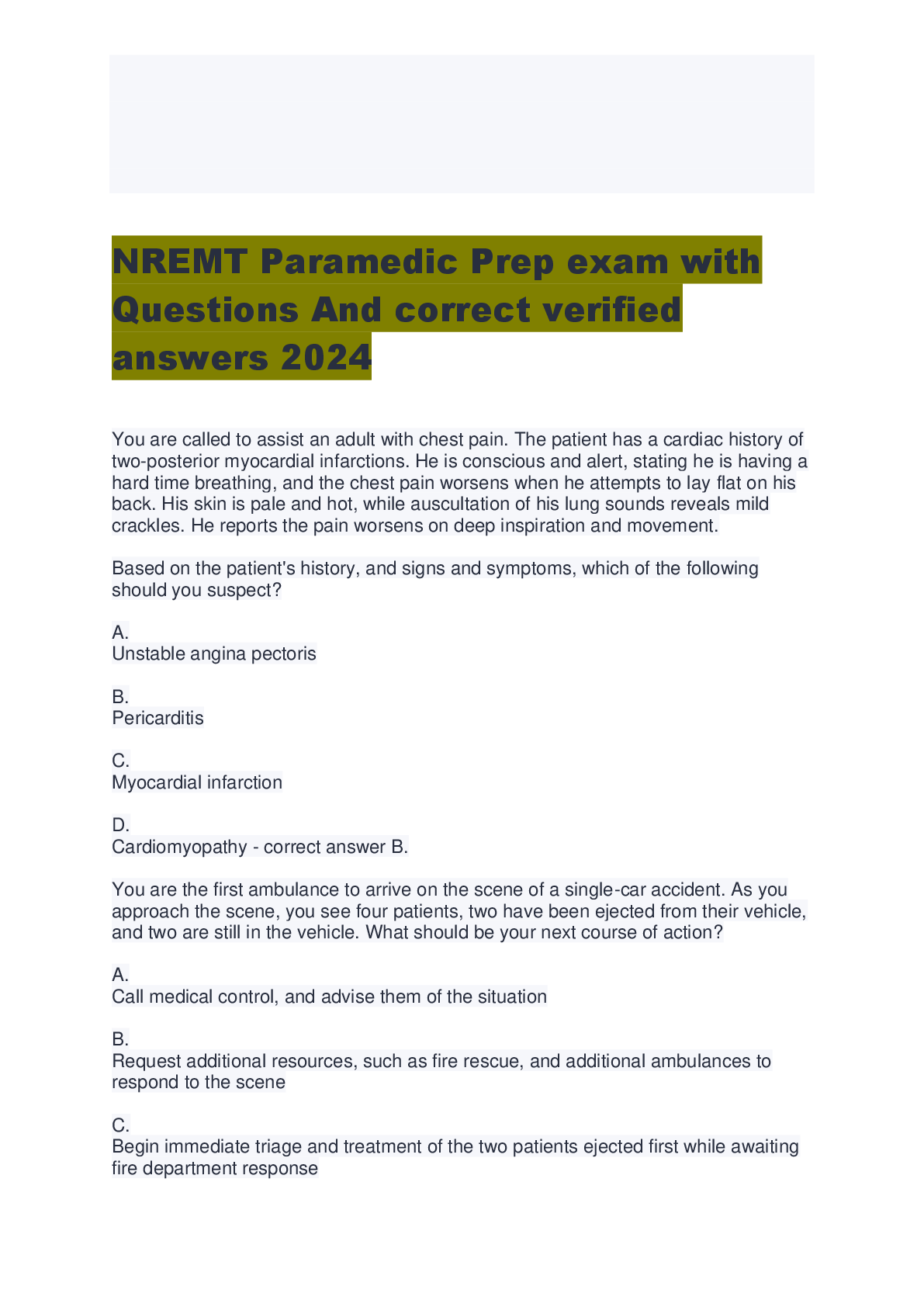 Preview image for NREMT Paramedic Prep exam with  Questions And correct verified  answers 2024