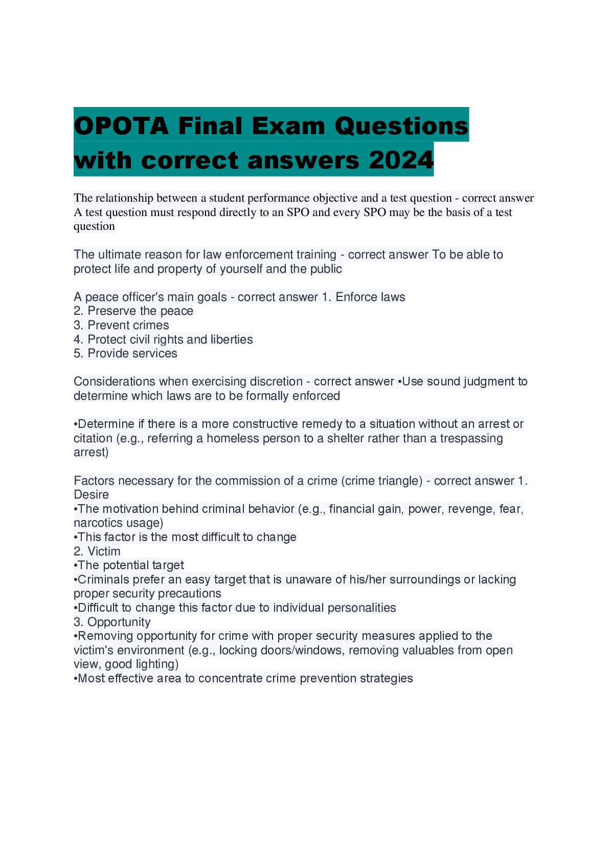 Preview image for OPOTA Final Exam Questions  with correct answers 2024