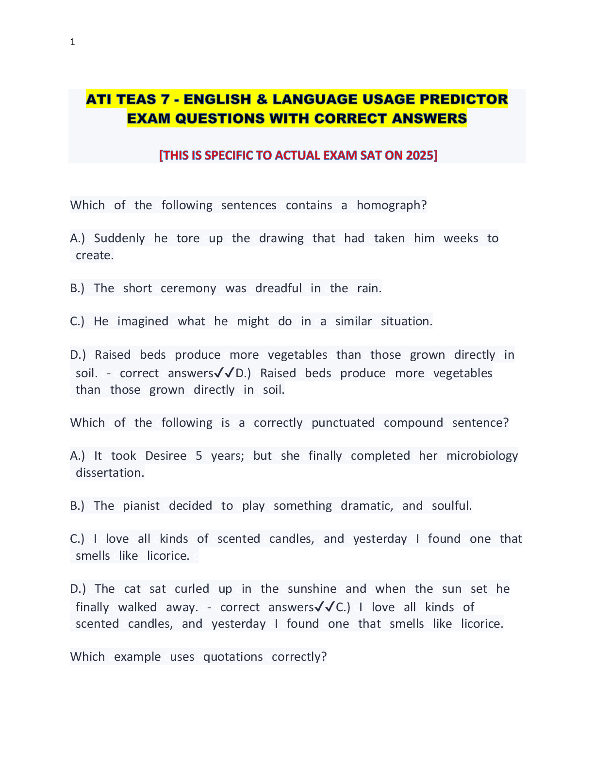 Preview image for ATI TEAS 7 - ENGLISH & LANGUAGE USAGE PREDICTOR EXAM QUESTIONS WITH CORRECT ANSWERS