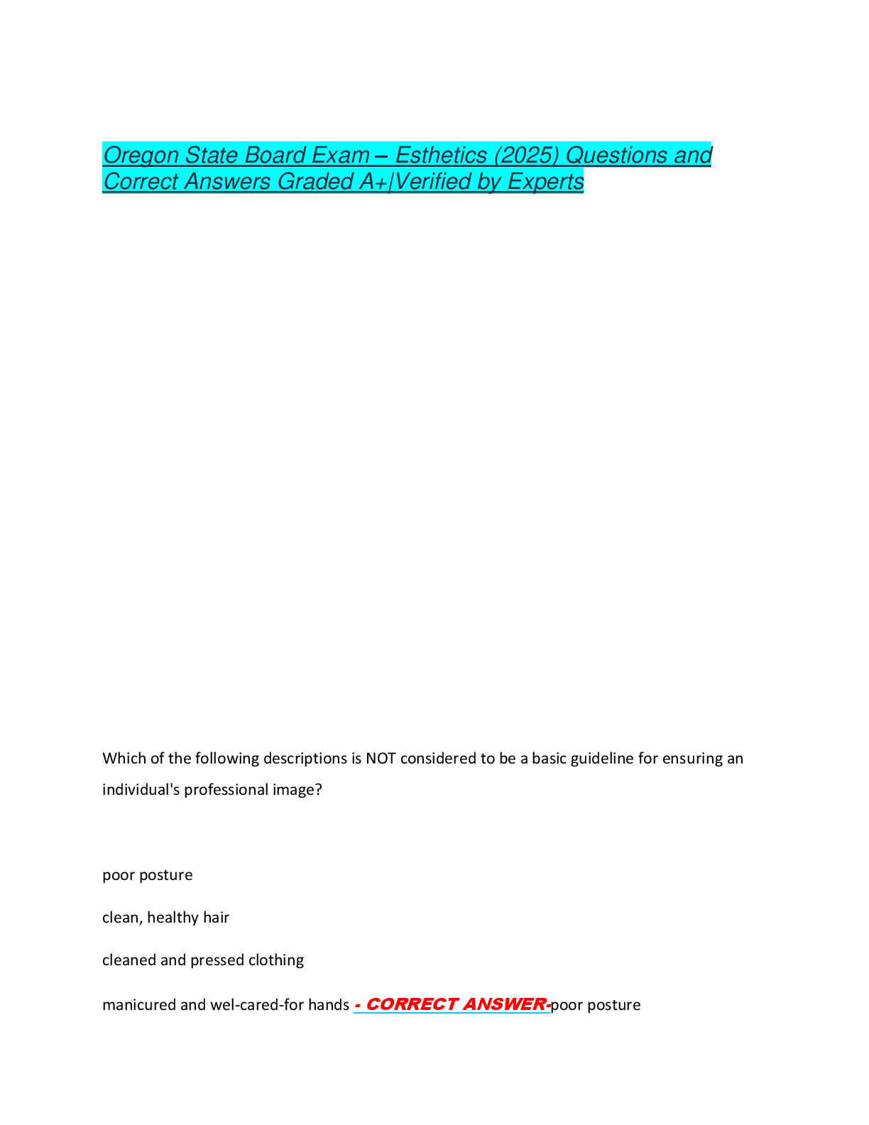 Oregon State Board Exam – Esthetics (2025) Questions and  Correct Answers Graded A+|Verified by Experts