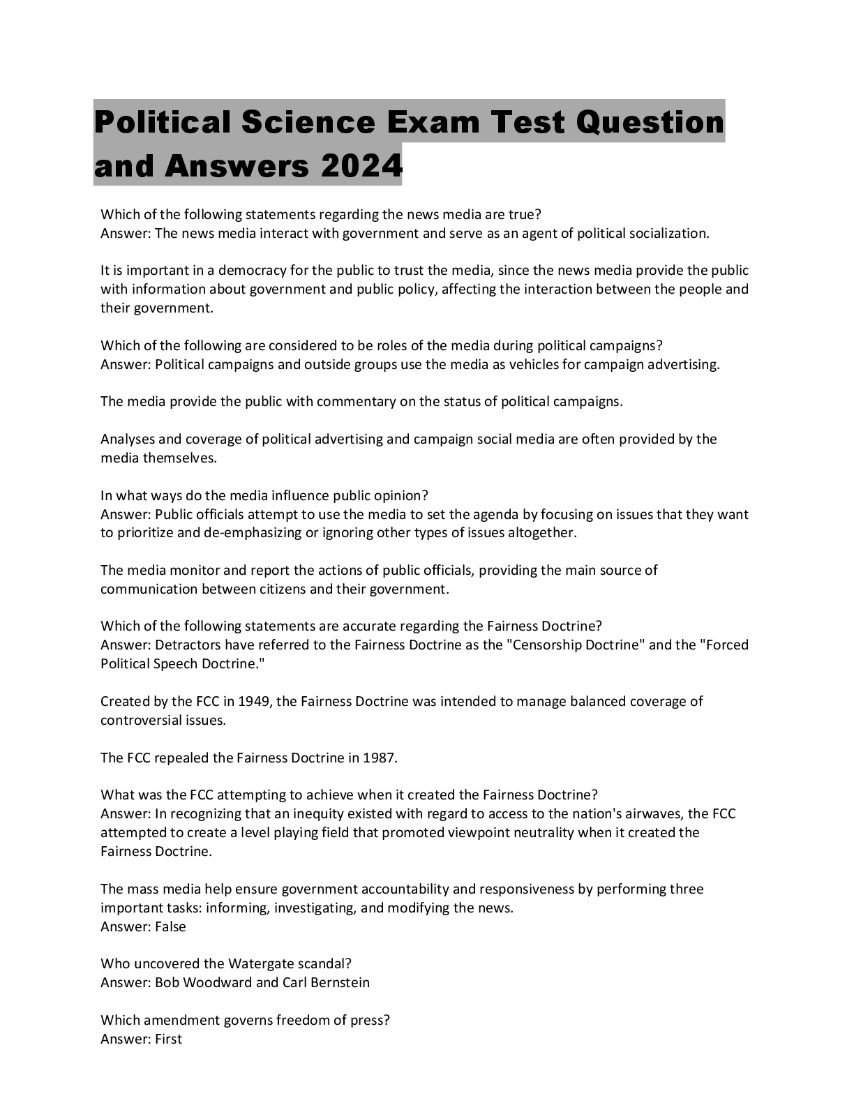 Preview image for Political Science Exam Test Question  and Answers 2024