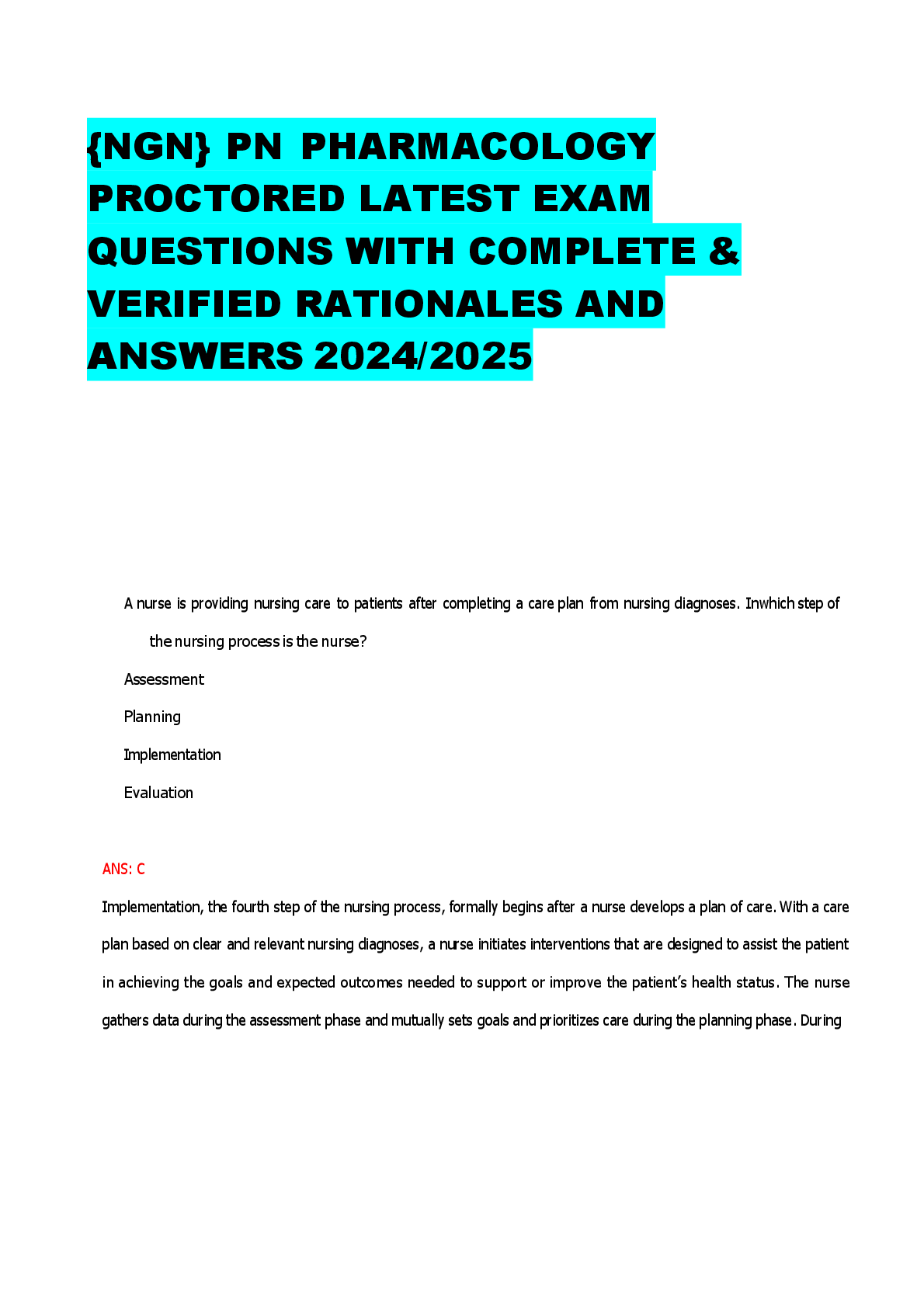 Preview image for {NGN} PN PHARMACOLOGY   PROCTORED LATEST EXAM  QUESTIONS WITH COMPLETE &  VERIFIED RATIONALES AND  ANSWERS 2024/2025