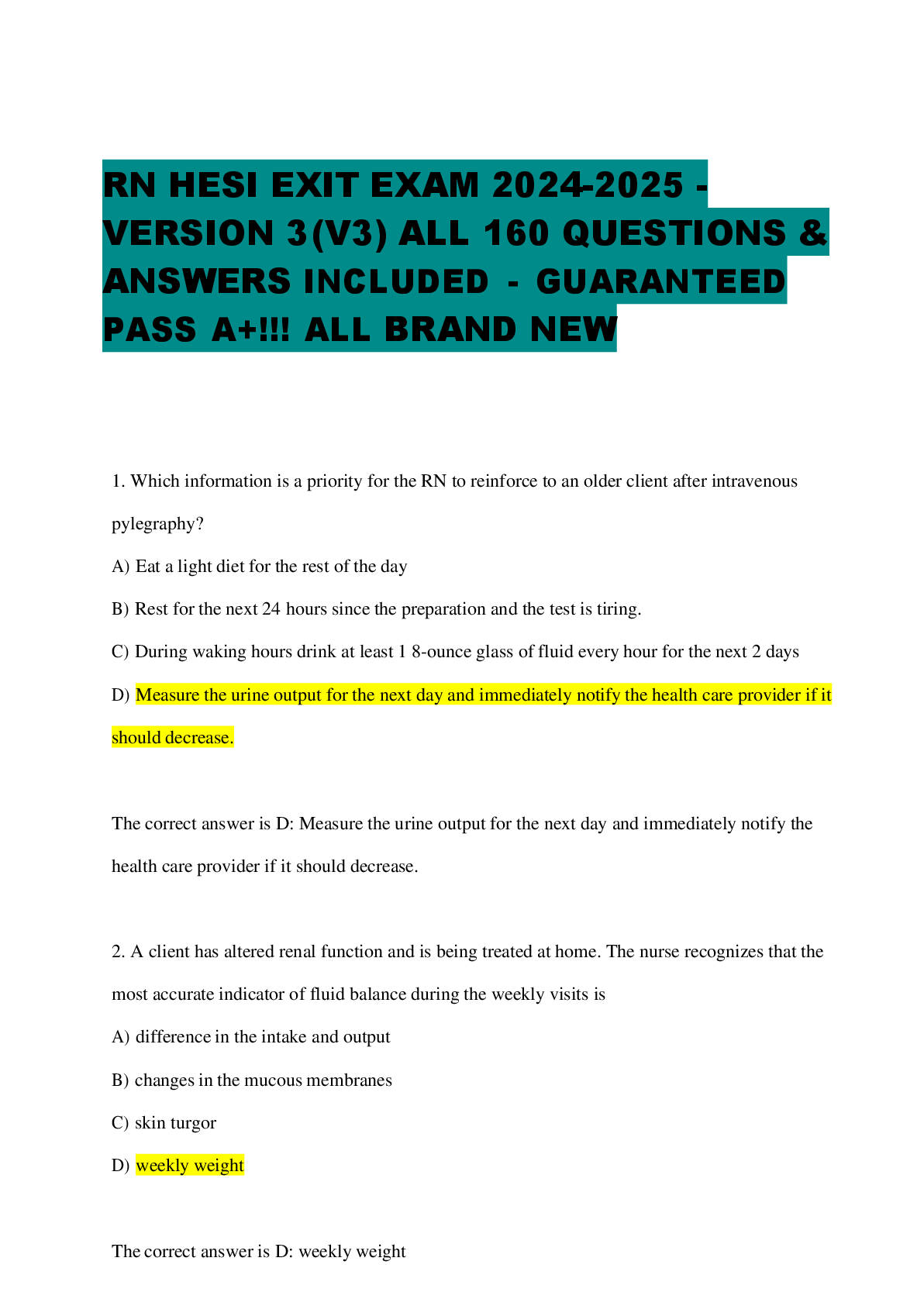 Preview image for RN HESI EXIT EXAM 2024-2025 -  VERSION 3 (V3) ALL 160 QUESTIONS &  ANSWERS INCLUDED - GUARANTEED  PASS