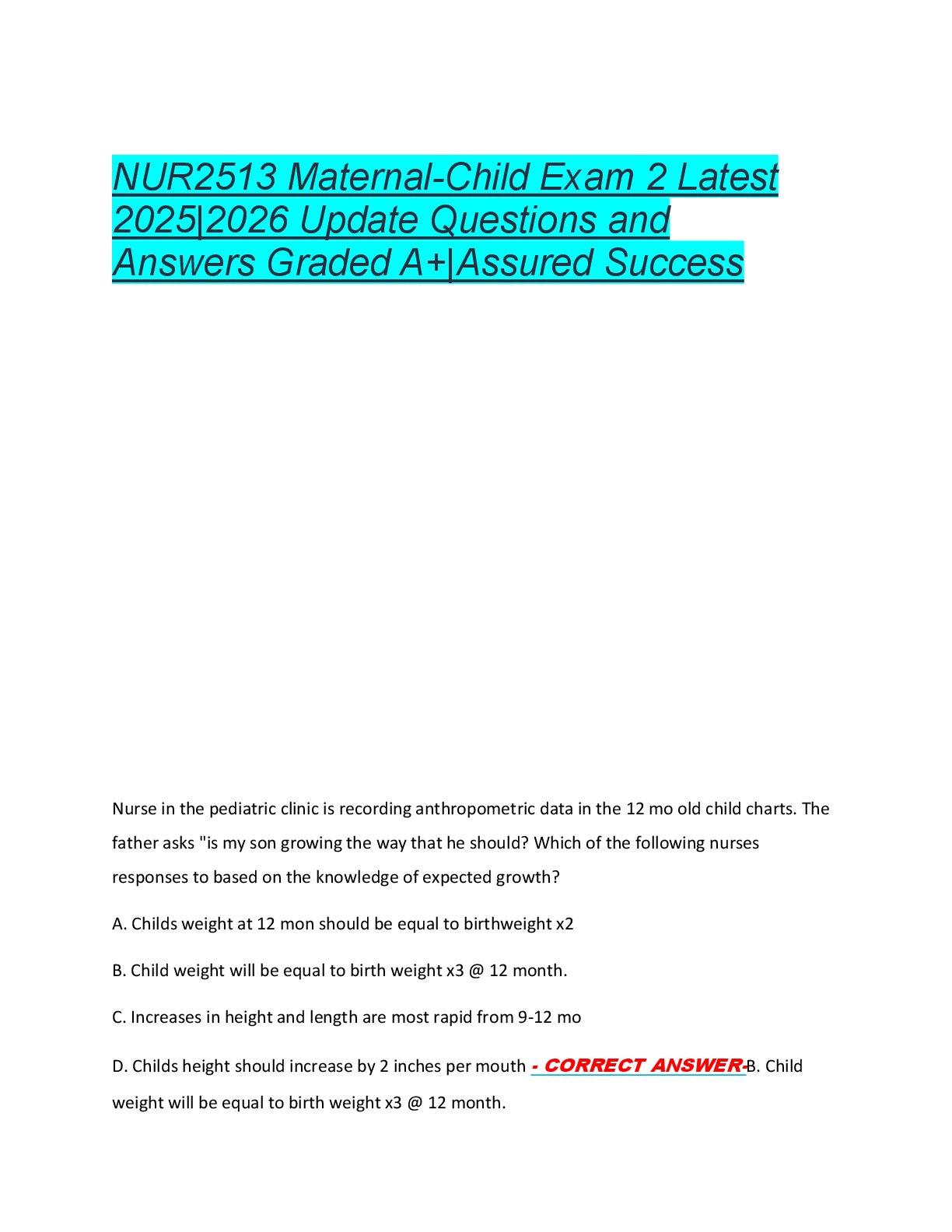 NUR 2513 / NUR2513: Maternal-Child Nursing  Exam 1 (Latest 2025/2025) Rasmussen